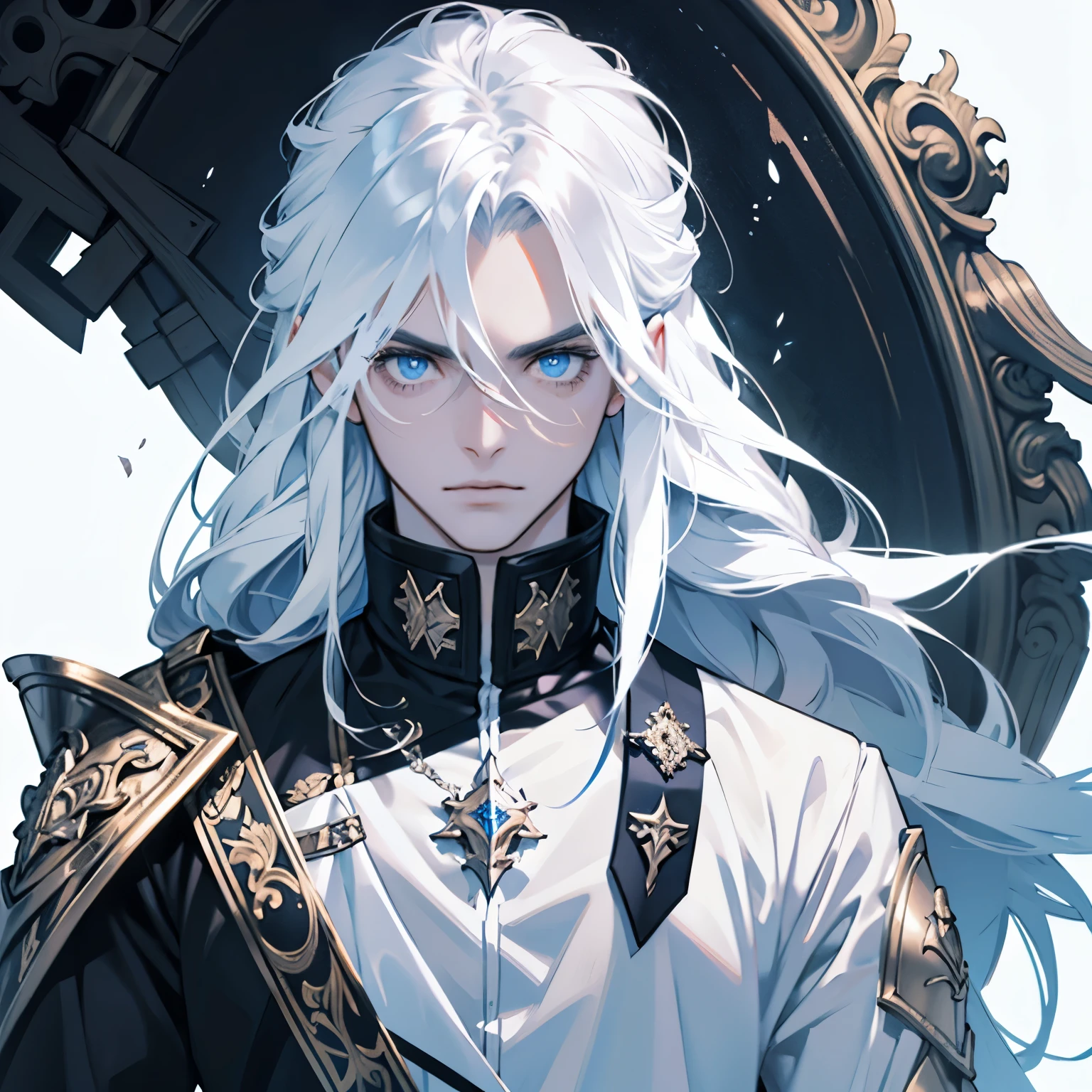 male, pale, white long hair, white eyelashes ,  serious , dark clothing , armor , blue eyes