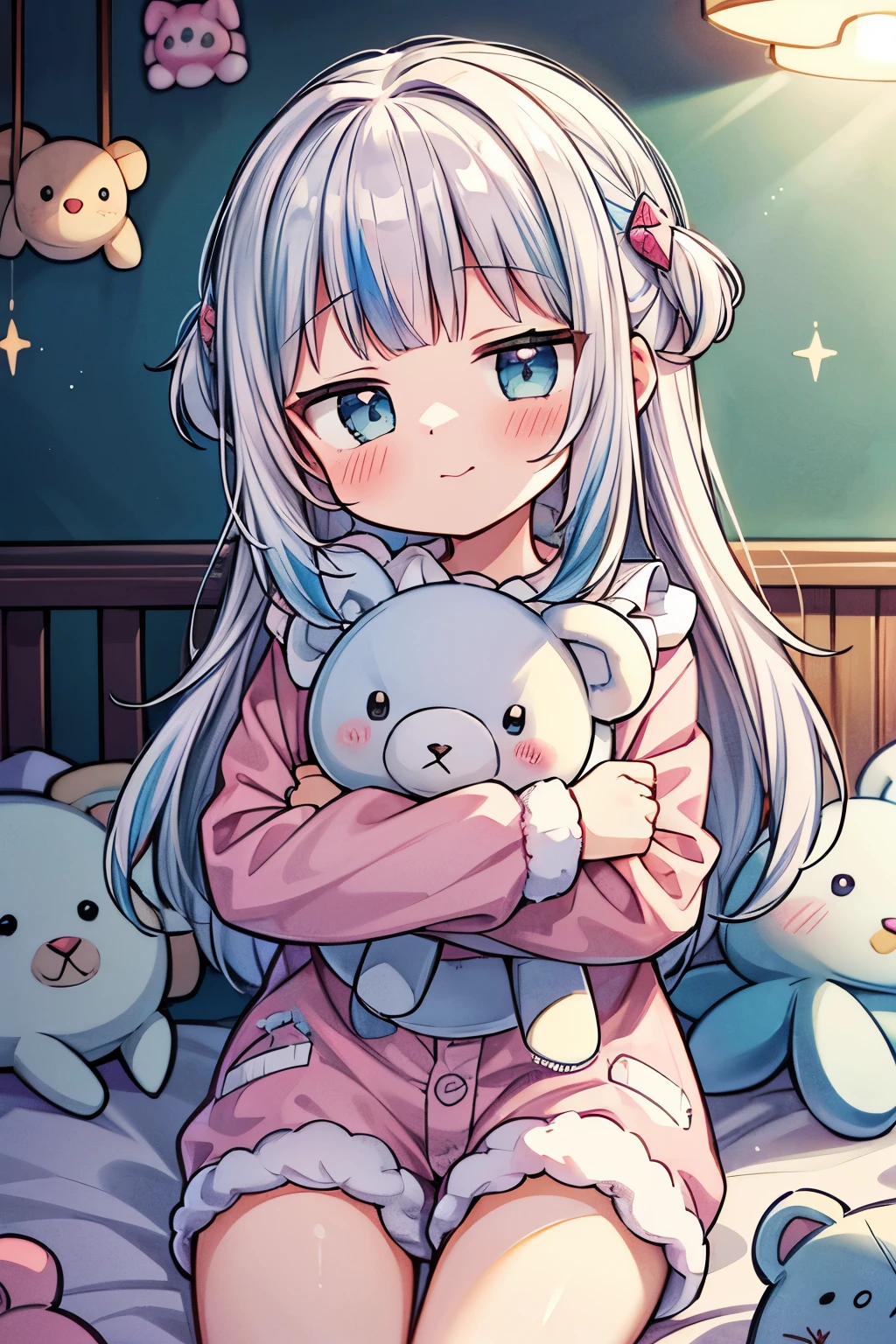 ((Gawr gura)), ((Masterpiece)), (Professional Photography:1.2), (High Definition:1.3), Dressed in cute pajamas, Fluffy bed, Pink and pastel colors, dreamy lighting, Around((Cute stuffed animals:1.5)), Pleasant atmosphere, Stars shining on the ceiling, Whimsical clouds on the wall, (giggle and blush), Happy and peaceful mood, Glorious dreams, Take a look.