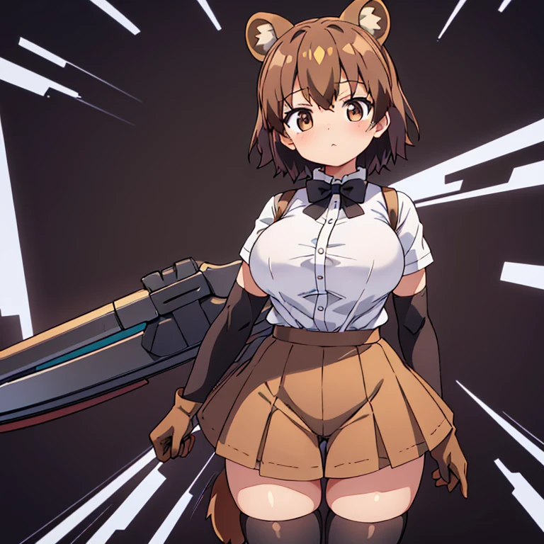 brown_bear_(kemono_friends), brown hair, brown eyes, white hair, short hair, animal ears, huge breasts, bowtie, white shirt, short sleeves, black miniskirt, black bike shorts, black elbow gloves, bear ears, bear girl, bear tail, weapon,Naked,フルヌード,paizuri,breast squeeze(乳搾り)