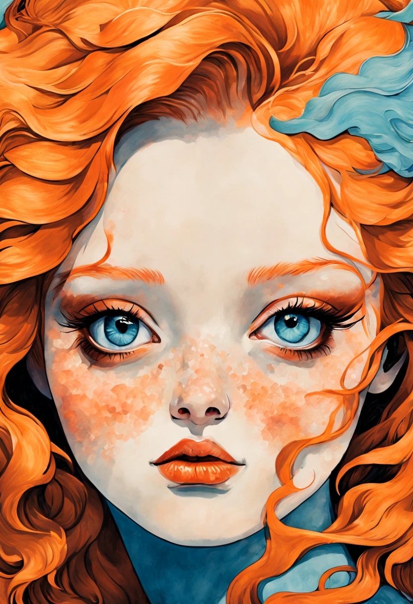 face Portrait, chiaroscuro technique on illustration of an (elegant ginger girl), (curvy girl), long wavy wet hair, (orange-copper hair), (sky-blue eyes), vintage, eerie, (matte painting, by Hannah Dale, by Harumi Hironaka), (extremely soft colors, vibrant), highly detailed, digital illustration, (high contrast), dramatic, refined, tonal, facial expression.
