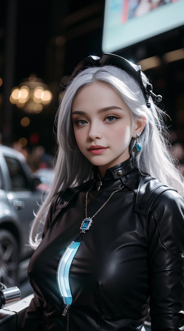 Elegant hair,1girl,solo,close-detail,portraitMechanical Headwear,Look up the lens,white hair,long hair,whole body,mechanical arm,(glow:1.2),earrings,looking at viewer,mechanical necklace,Positive symmetrical composition,blue eyes,Robot Background,Diamond,The background of the huge light engine,mechanical leg,.