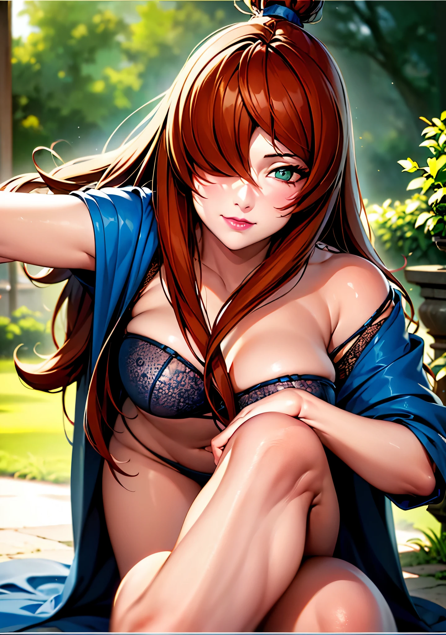 garden background, sexy pose, want to kiss, mei_terumi, very tempting girl, 1girl, solo, long hair, brown hair, blue bikini, green eyes, ((hair over one eye)), lipstick, 1 girl, 20yo,Young female,Beautiful Finger,Beautiful long legs,Beautiful body, Beautiful Nose,Beautiful character design, perfect eyes, perfect face,expressive eyes, perfect balance, looking at viewer,(Focus on her face), official art,extremely detailed CG unity 8k wallpaper, perfect lighting,Colorful, Bright_Front_face_Lighting,White skin, (masterpiece:1.0),(best_quality:1.0), ultra high res,4K,ultra-detailed, photography, 8K, HDR, highres, absurdres:1.2, Kodak portra 400, film grain, blurry background, bokeh:1.2, lens flare, (vibrant_color:1.2),professional photograph, (Beautiful,medium_Breasts:1.4), (beautiful_face:1.5)