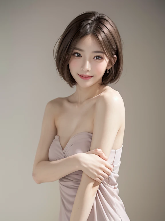(topless, highest quality, realistic, Super detailedな, in detail, High resolution, 8k wallpaper), 1 beautiful woman, earrings, smile, light brown short messy hair, perfect dynamic composition, 美しくfine eyes, smile, Bayside Area, At night, full body portrait, (masterpiece:1.3), High resolution, Super detailed, Highly detailed CG Unity 8K wallpaper, (realistic, photo-realistic:1.3, RAW photo:1.2), beautiful detailed face, realistic skin, fine cloth texture, high detailed hair texture, perfect proportions, beautiful face, Accurate, anatomically correct, Highly detailed face and skin texture, natural neck length, fine eyes, symmetrical eyes, light brown eyes, double eyelid, thin eyebrows, (glossy lips:1.3), (魅惑的なsmile:1.2), (beautiful hands), (Fair skin:1.1), thin legs, thin legs, long legs, High detailed leg texture, beautiful feet, (transparent skin:1.2), ((Beautiful pastel colored body line dress:1.2)), ((Short Bob Hairstyles:1.3)), (Breast augmentation:1.1), (film chest, well-shaped chest:1.2, slender body shape), ((from below:1.1)),//effect (calm color background:1.2), polaroid photo, (film grain:1.3), Depth of bounds written, (Bokeh:1.1), (Light and shadow:1.3),attractive legs