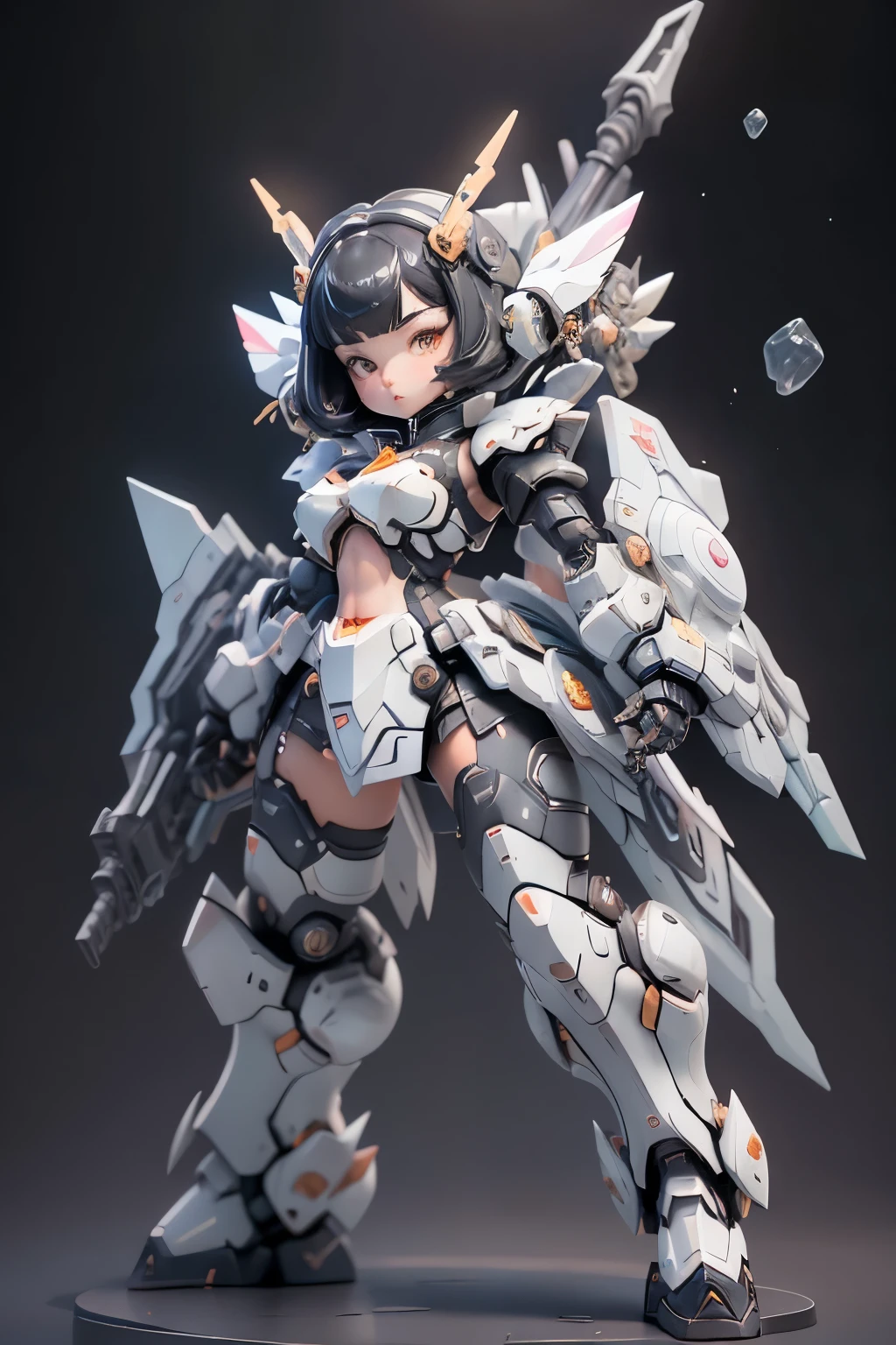 plastic an 00d, 1 girl, Little, Dopamine Color Matching, Double Diamond, white theme, Luxurious fabrics, dither, far-reaching, She is fused with futuristic Gundam mecha, Gundam style, with headgear, with v-fin , visible cleavage, visible stomach, visible waist,, visible thighs, armored shoulders,armored under arms, armored under legs, 2 thruster modules attached on back, holding weapon, holding huge weapon, holding Very large shield, (full body pose:1.5),(bob cut:1.3), black hair, thick eyebrows, light colored iris, big, shining black eyes, long eyelashes, small, pale natural lips, (Average face of Japanese idols), wide forehead:1.2, plump cheeks, small chin, visible side boob,