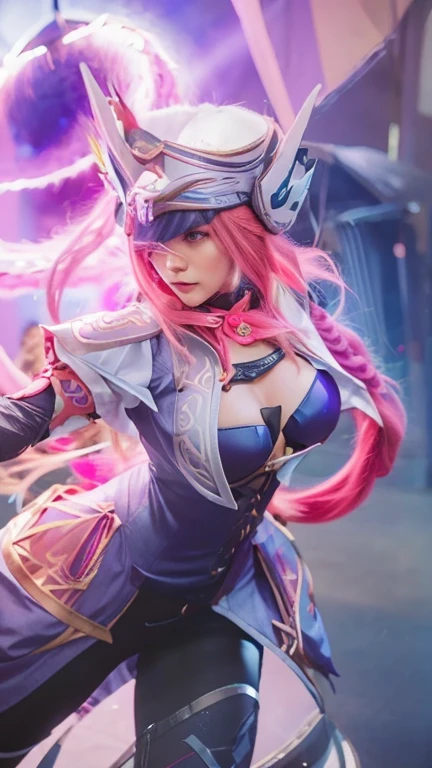 1girl, freya charakter mobile legends, long hair, pink hair, realistic, ultra detail, 70mm lens,