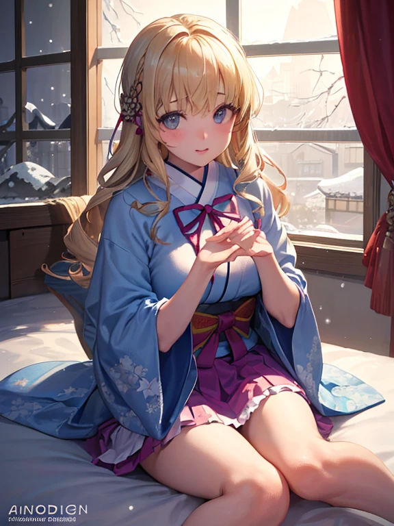 photo realistic, (masterpiece,best quality:1.4),(8k,raw photo,photo realistic:1.2),Not Safe for Work, detailed skin,detailed face,1girl,Japanese princess, cute face, super resolution,retro realistic details Illustration,,{{{elaborate, intricately,fantastic,delicately,tremendous,meticulous,minute,incredibly,obsessed,artisan's,subtle,virtuoso,skillful,vibrant, vivid, complex}}}, clearly focus edge, fresh natural gradation, best quality, amazing quality, very aesthetic, absurdres, (((face focus))), (head rest), ((1girl, sitting, in her bedroom, gaze out, the window on, snow day)), nostalgic,
(((Winter Japanese clothes))), ((frilled Mini skirt)), (a teenage girl:1.3),14-yo, (medium breasts:1.25),light smile,(tilted head:2.0),(both elbows on the bay window:1.6),(put chin, on own, both hands:1.6),(wearing, Winter Japanese clothes:1.1),(looking at viewer:1.5),(closeup to viewer:1.5), medium bob, (blonde hair), ((wavy hair)), shimmering eyes, Blue eyes, long hair, , beautiful hands, neck ribbon, baby face, twinkle in the eye, braided bangs,
((bedroom)), ((pastelcolour)), imagination, (((snow day))),