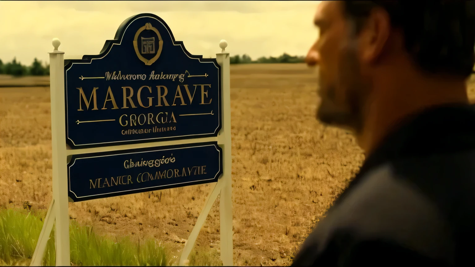 there is a man standing in front of a sign that says margorve georgia, movie screencap, movie screenshot, movie screen shot, terrence malick screenshots, screencap, favorite scene, screen cap, movie frame still, dan seagrave, graveside, still frame from a movie, screen capture, opening scene, award winning movie still, grainy movie still