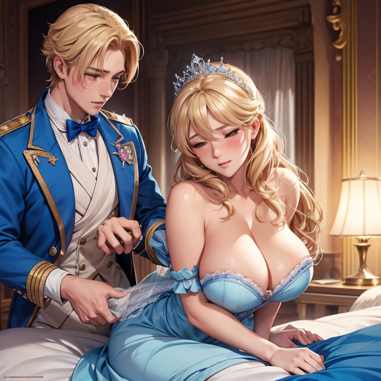 A handsome blushing prince with blond hair put his hands on Cinderella's soft breasts from behind, Breast massage, blushing Cinderella in front of the prince, passion