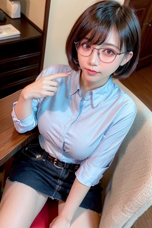 (highest quality、8K、32K、masterpiece、nffsw:1.2)、photo of cute japanese woman、big breasts、very short bobbed hair、dynamic angle, balanced body、 red glasses、((Y-shirt、ボタンを外したY-shirt)), sit on a chair、Angle from above、