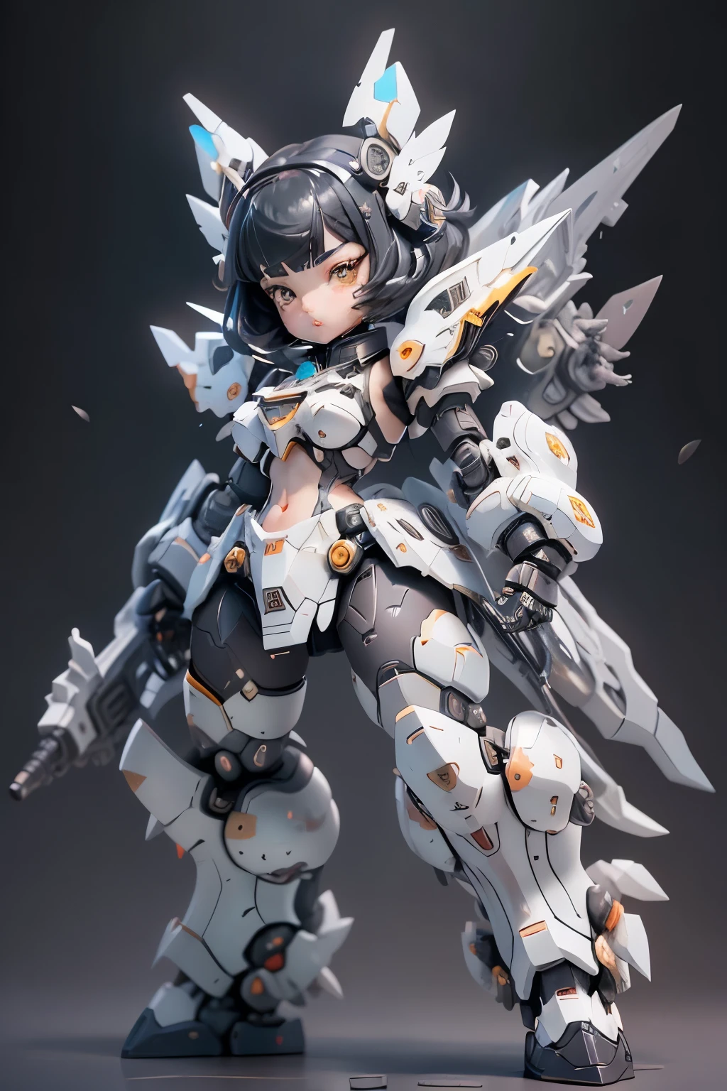 plastic an 00d, 1 girl, Little, Dopamine Color Matching, Double Diamond, white theme, Luxurious fabrics, dither, far-reaching, She is fused with futuristic Gundam mecha, Gundam style, with headgear, with v-fin , visible cleavage, visible stomach, visible waist,, visible thighs, armored shoulders,armored under arms, armored under legs, 2 thruster modules attached on back, holding weapon, holding huge weapon, holding Very large shield, (full body pose:1.5),(bob cut:1.3), black hair, thick eyebrows, light colored iris, big, shining black eyes, long eyelashes, small, pale natural lips, (Average face of Japanese idols), wide forehead:1.2, plump cheeks, small chin, visible side boob,