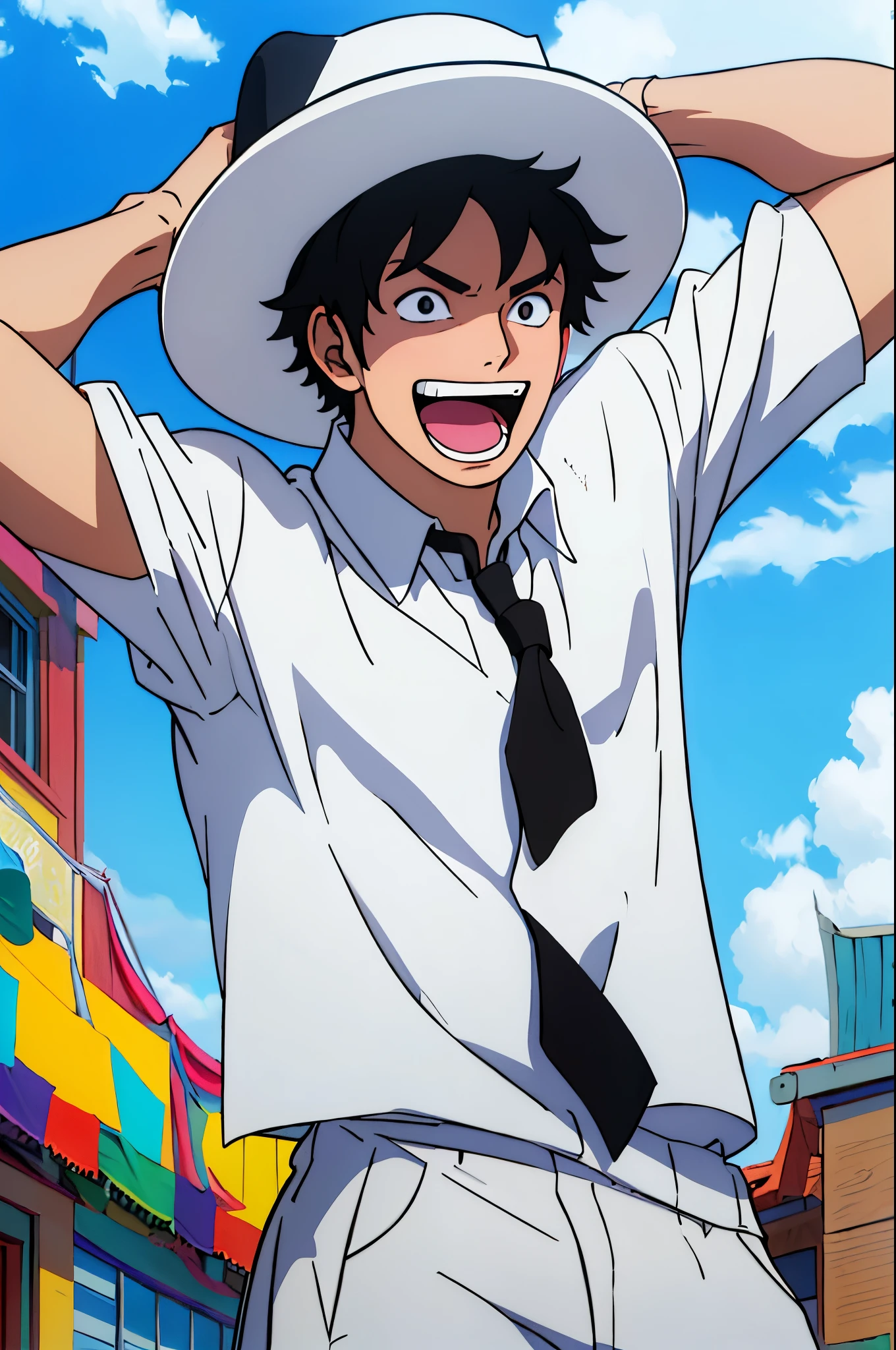 (masterpiece:1.3), (Best quality:1.3), 8K, One, boy, Black hair, short hair, ((White Hat)), white shirt, open mouth, teeth, young, 16 years, Happy facial expression, Normal attire, full length, (расслабленная поза)