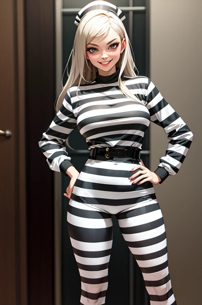 ((Masterpiece, best quality)),edgQuality,smirk,smug,bimbo glossy,
edgHJ,striped clothing, a woman in a jail outfit posing for a picture ,wearing edgHJ,
