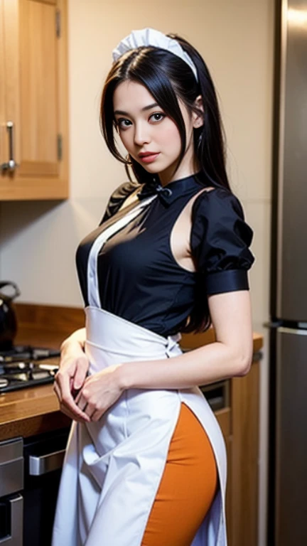 a woman in a sexy maid suit posing for a picture, fantasy art, medium body shot of a young anime girl, elegant glamourous cosplay, kitchen background