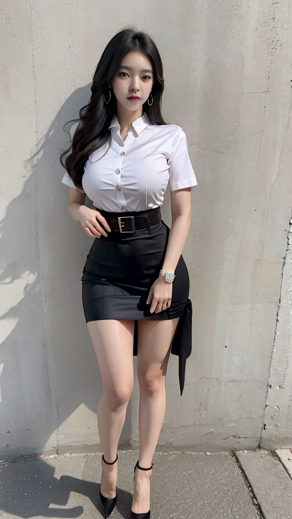 mixed-race woman, thailand, Japan, Korea, Height 173 centimeters, ที่charming, Beauty enhancement, ((stand)), charming, charmingน่าหลงใหล, Beautiful face, แต่งBeautiful face, Double eyelids, red lips, black hair, long hair long hairมาก, long hairตรง, long hair, The wind is blowing, Bird's eye view of a beautiful woman, The texture is realistic., dynamic gesture, White short-sleeved shirt The shirt is thin and the skin is visible., elegant, Huge breasts, Breast augmentation, เต้าBig tits, Big tits, short black pencil skirt, Very short, Side incision, Women's skirt with belt, Symmetrical shape, sexy figure, small waist, Long legs, Pitch black high heels, earring, Put on a watch, chest brooch, full body photo, Look at every part of the body., university backdrop