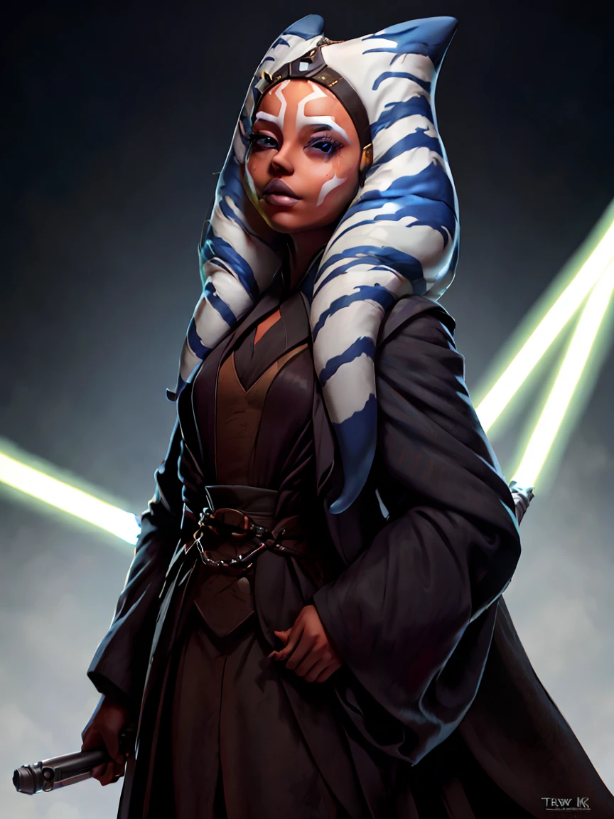 (masterpiece, best quality), twlk2023, star wars, (blue skin), (colored skin), detailed eyes, detailed face, colored eyelashes, 1girl, teen, flat chest, , dark robes, lightsaber, nipples,