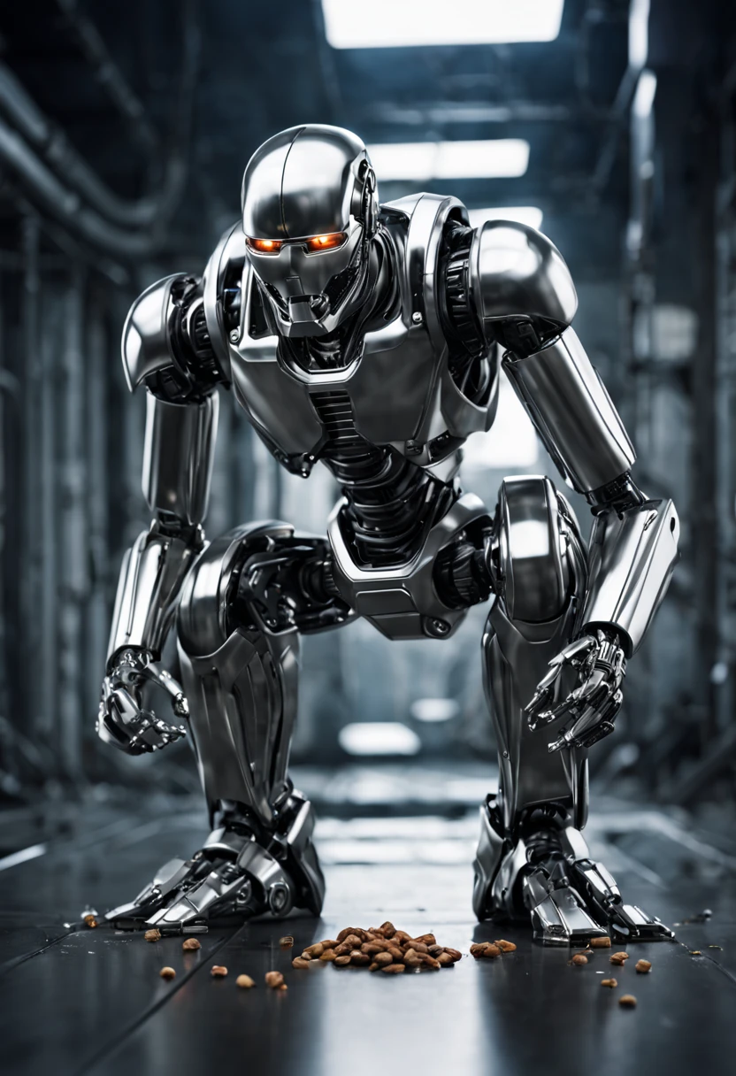 Create an image of a futuristic, liquid metal robot emerging from a metal nut, inspired by the style of the liquid metal robot from the film 'Terminator 2'. The scene should depict the nut as the base, from which the robot is forming and rising. The robot should appear as if it's made from a reflective, metallic liquid, morphing from the nut into a humanoid shape. The background should be neutral, focusing the viewer's attention on the dramatic transformation of the nut into the robot. The overall atmosphere should be one of science fiction, showcasing advanced technology and the concept of a shape-shifting robot.