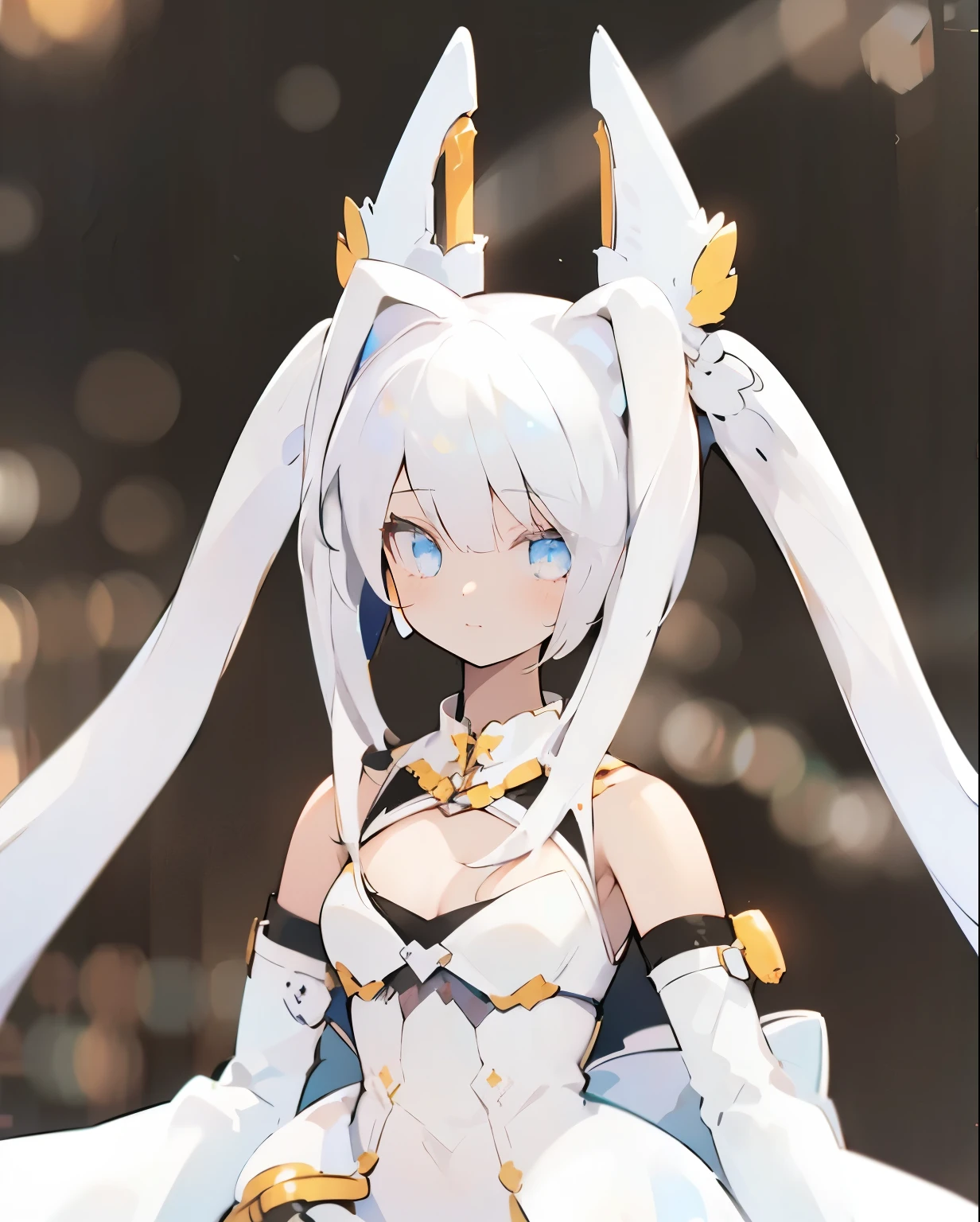 (((Masterpiece))), (((Beautiful Light))), (((Top Light))), (Strong Light)), Anime Girl, 1girl, young, short stature, flat chest, solo, wings, long hair, dress, blue eyes, white dress, priest's dress, cape, white hair, white pantyhose, feather wings, looking on, very long hair, white wings hair, bangs, gradient hair