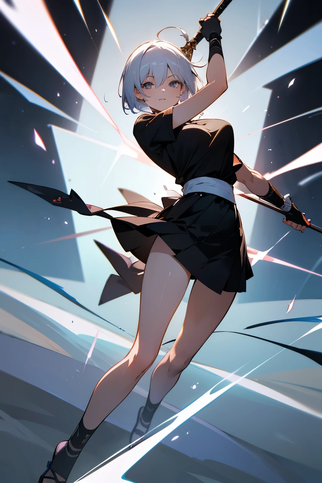 Masterpiece, best quality, full body art, girl, 25 years old, tall, breast size 3, white short hair, black T-shirt, white haori, black skirt, battle staff, dynamic pose, battle