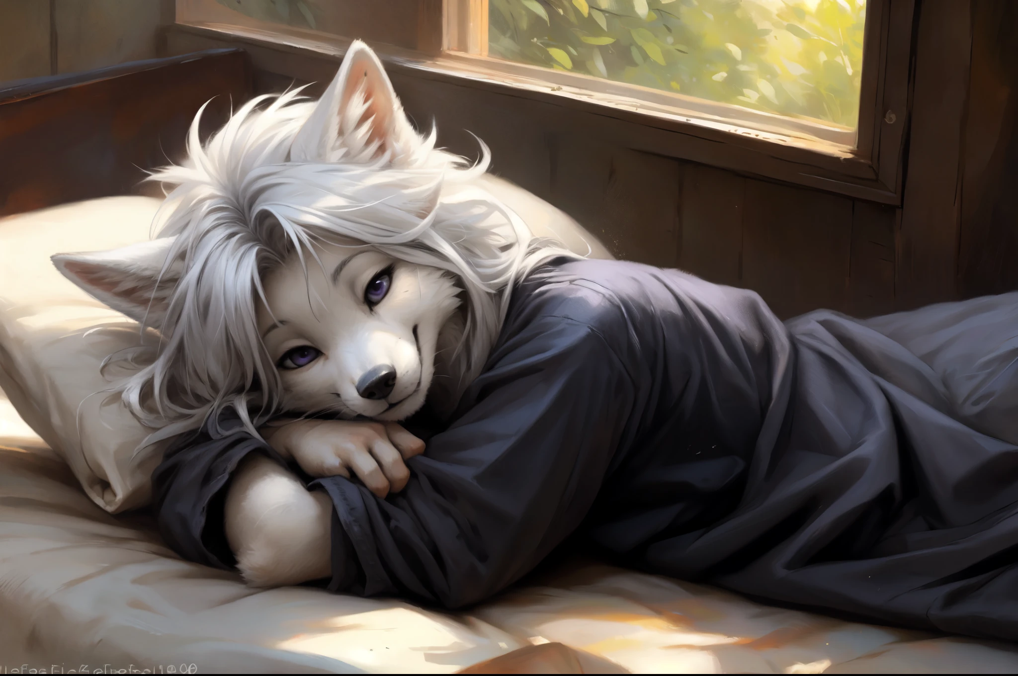 by kenket, by totesfleisch8, (by thebigslick, by silverfox5213:0.8), (by syuro:0.2), white wolf girl, white wolf ears, white furry body, purple eyes, long white hair, hair parted in the middle, messy hair, wearing very loose black pajama shirt, smiling, sleepy, waking up, lying in a comfy bed, under a blanket,