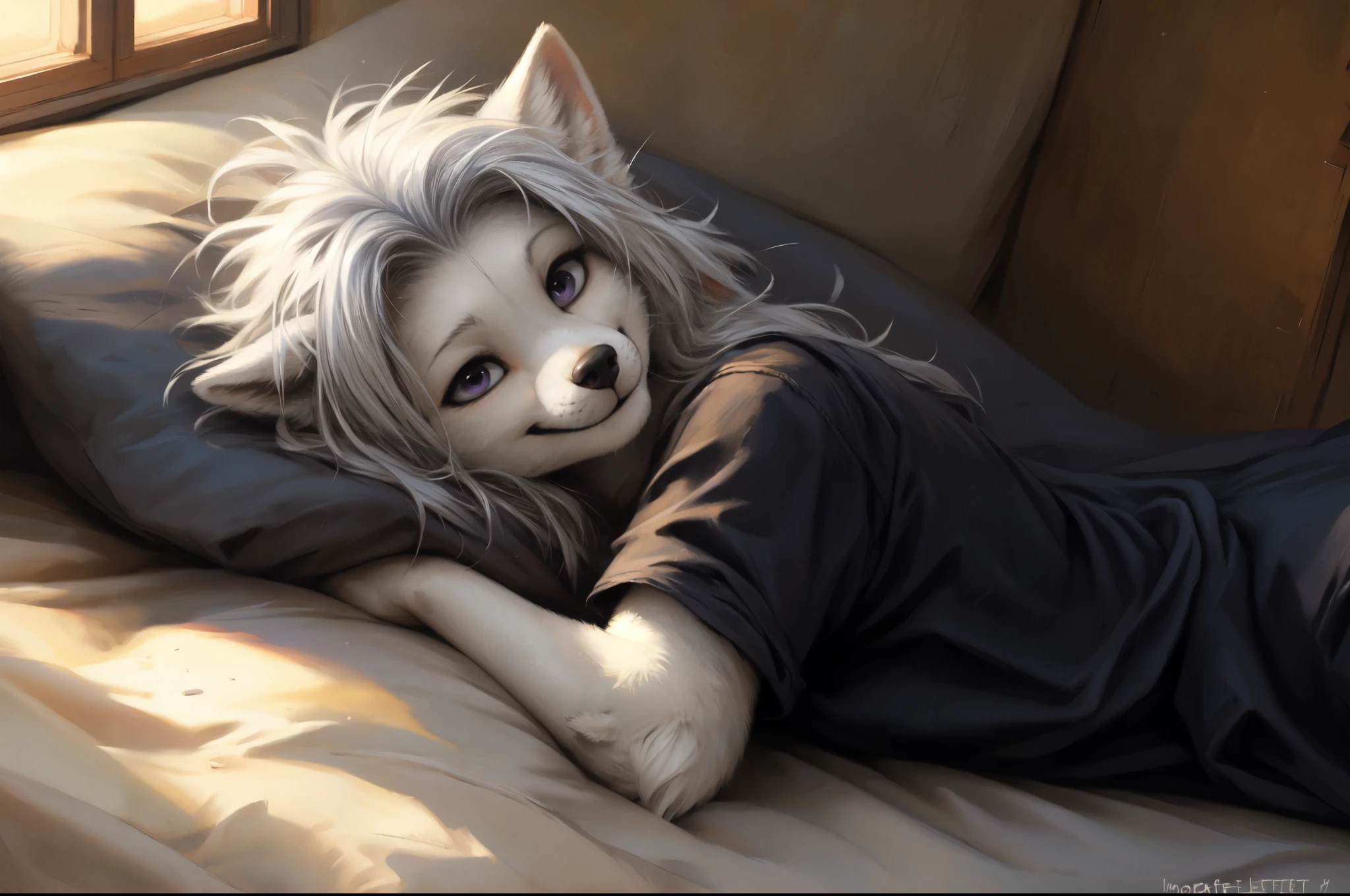 by kenket, by totesfleisch8, (by thebigslick, by silverfox5213:0.8), (by syuro:0.2), white wolf girl, white wolf ears, white furry body, purple eyes, long white hair, hair parted in the middle, messy hair, wearing very loose black pajama shirt,  smiling, sleepy, waking up, lying in a comfy bed, under a blanket,