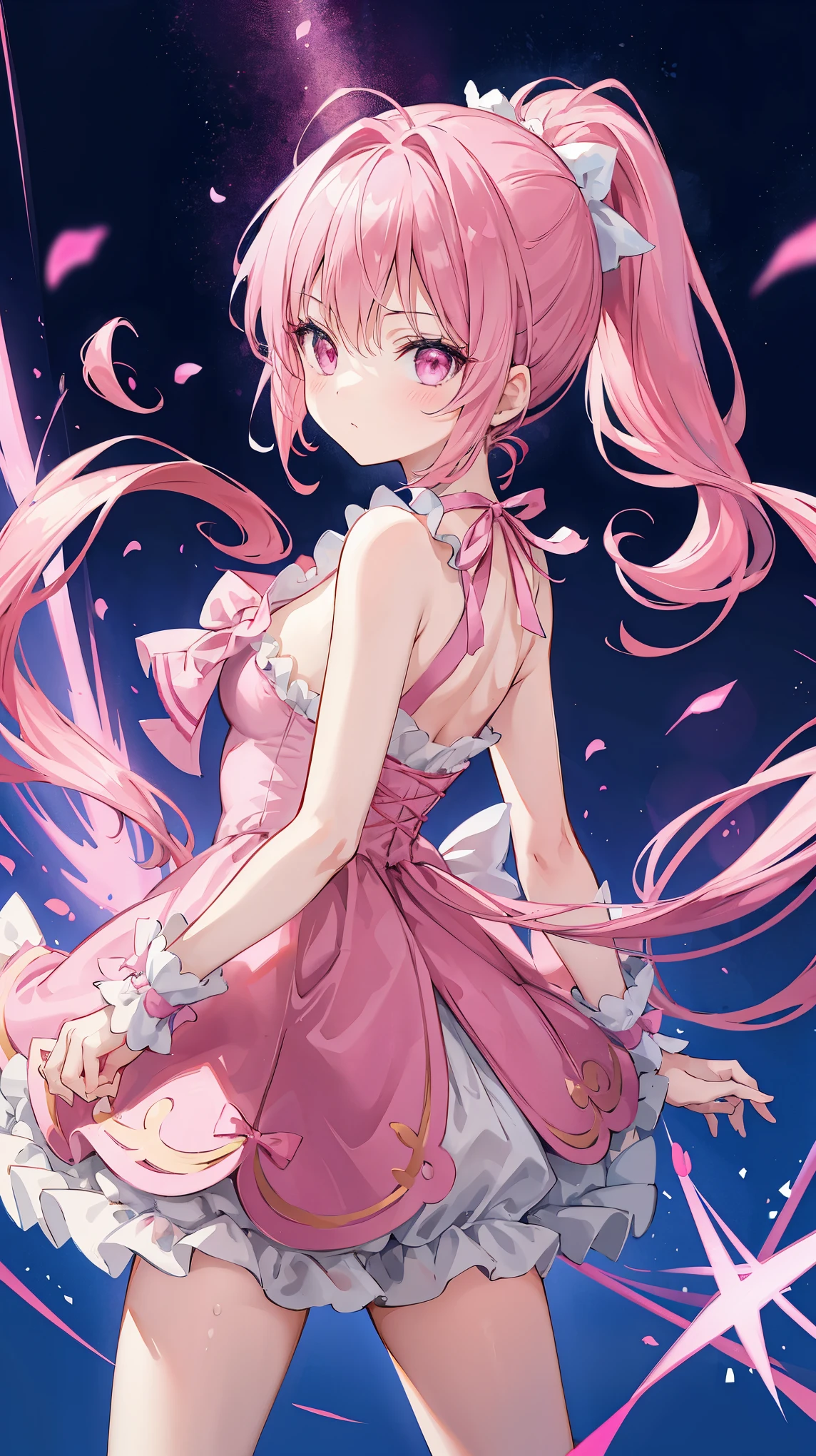 1 girl, Pink double ponytail hair, pink eyes, pink ruffle dress, Magical girl, ridiculous, high resolution, Super sharp, 8k, masterpiece, looking at the audience