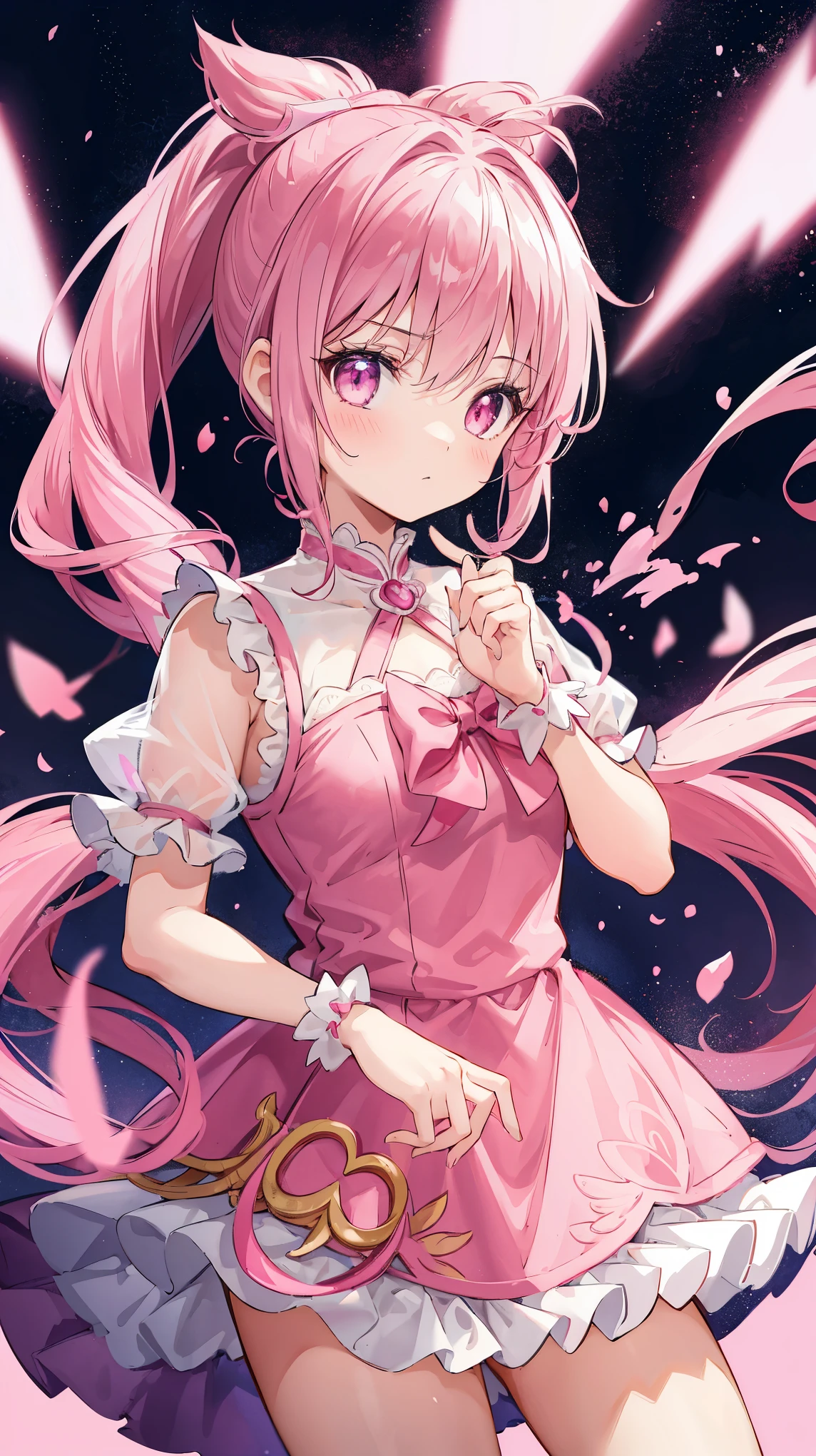 1 girl, Pink double ponytail hair, pink eyes, pink ruffle dress, Magical girl, ridiculous, high resolution, Super sharp, 8k, masterpiece, looking at the audience