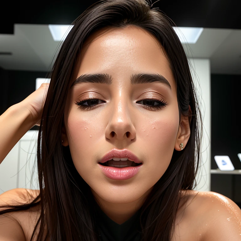 1 girl.table top,,Awards - Winning Photos, very detailed, bring the eyes into sharp focus, nose and mouth,face focus, woman with open mouth and closed eyes, black camisole、32 years old,black haired、eye wrinkles:1.0、symmetrical face,realistic nostrils、angle from below、elongated C-shaped nostrils,,,,,,,,,,,NSFW,Inside a Chanel store、Lighting that emphasizes the skin that shines with sweat、((sharp nose))Skin shiny with sweat、shiny skin、(trembling girl)vagina,sex,return,wet and shiny lips、Wide-angle lens distortion removal、
