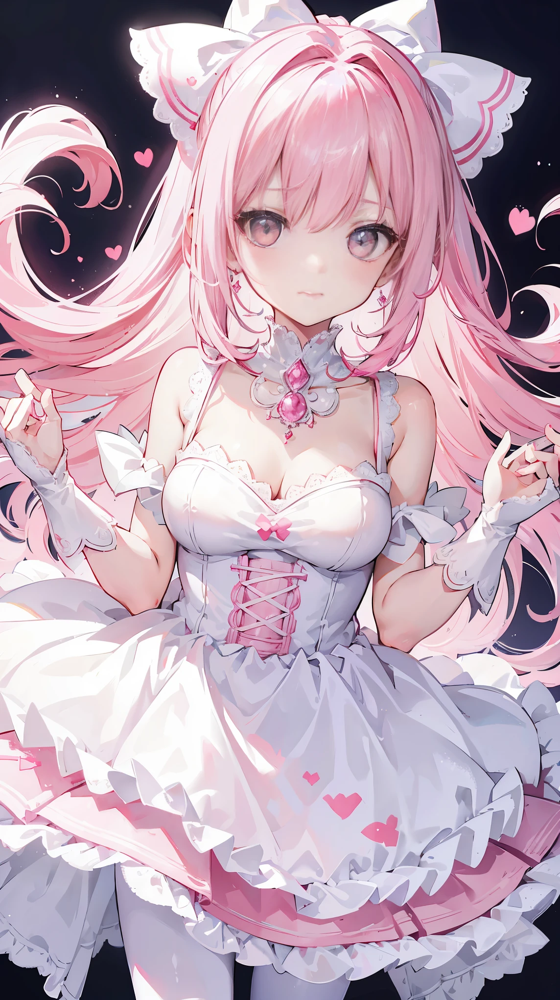 one with pink hair,pupil,White and looming,Dresses that resemble wedding dresses,This dress is decorated with many pink bows,Paired with a dazzling silver necklace,is a cute, sweet and cute ,Wearing white silk pantyhose