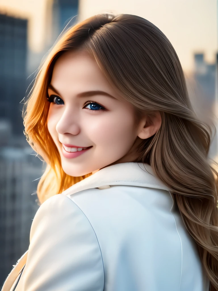 1girl, white jacket, RAW photo, best quality, realistic, photo-realistic, masterpiece, an extremely delicate and beautiful, extremely detailed, Amazing, finely detail, ultra-detailed, highres, soft light, beautiful detailed blond girl, extremely detailed eyes and face, beautiful detailed nose, beautiful detailed eyes, cinematic lighting, in the city, perfect anatomy,slender body, gently smile, Friendly, warm, looking at viewer, wavy long brown hair, brown eyes, dynamic posing,   