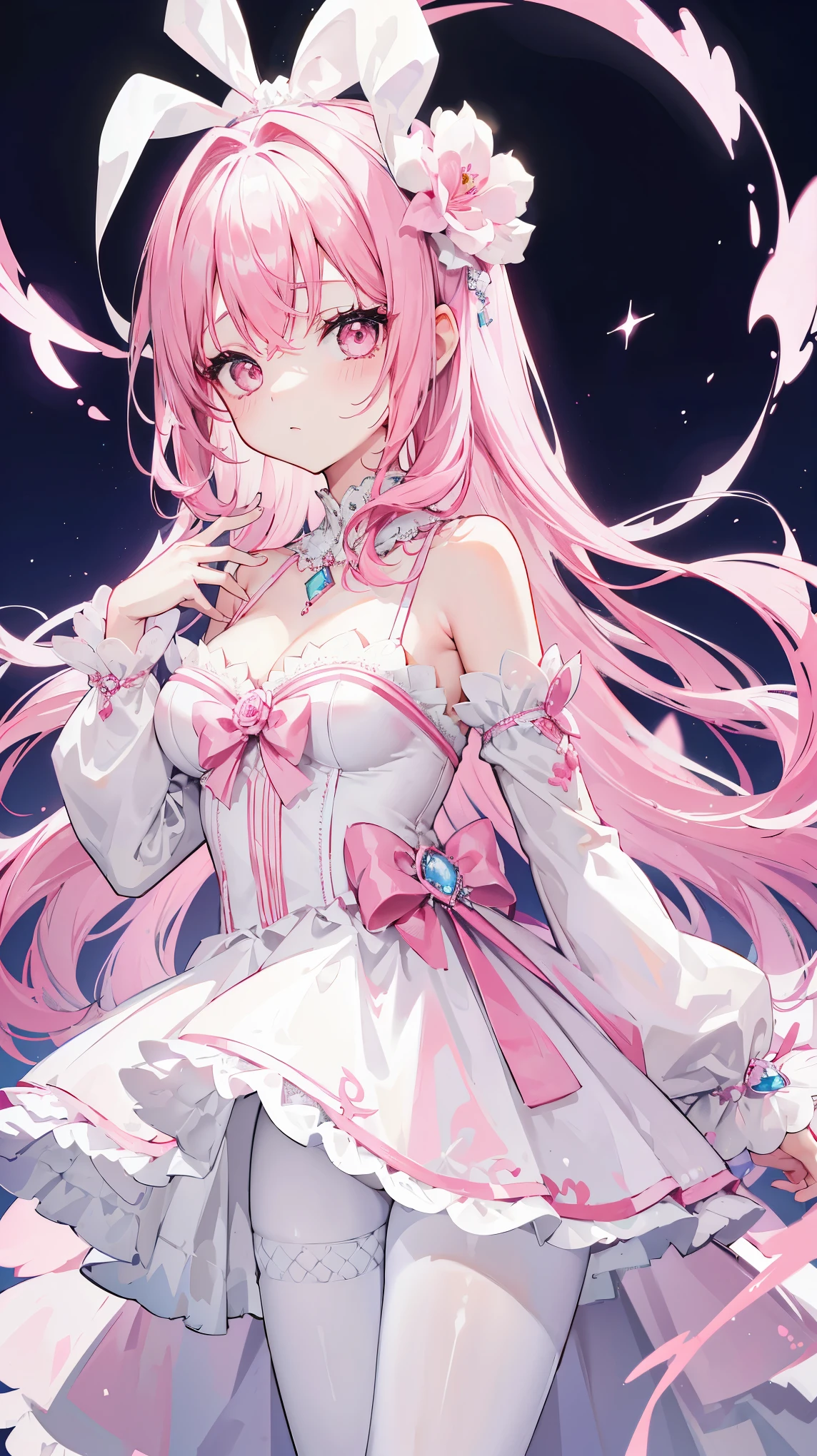 one with pink hair,pupil,White and looming,Dresses that resemble wedding dresses,This dress is decorated with many pink bows,Paired with a dazzling silver necklace,is a cute, sweet and cute ,Wearing white silk hose