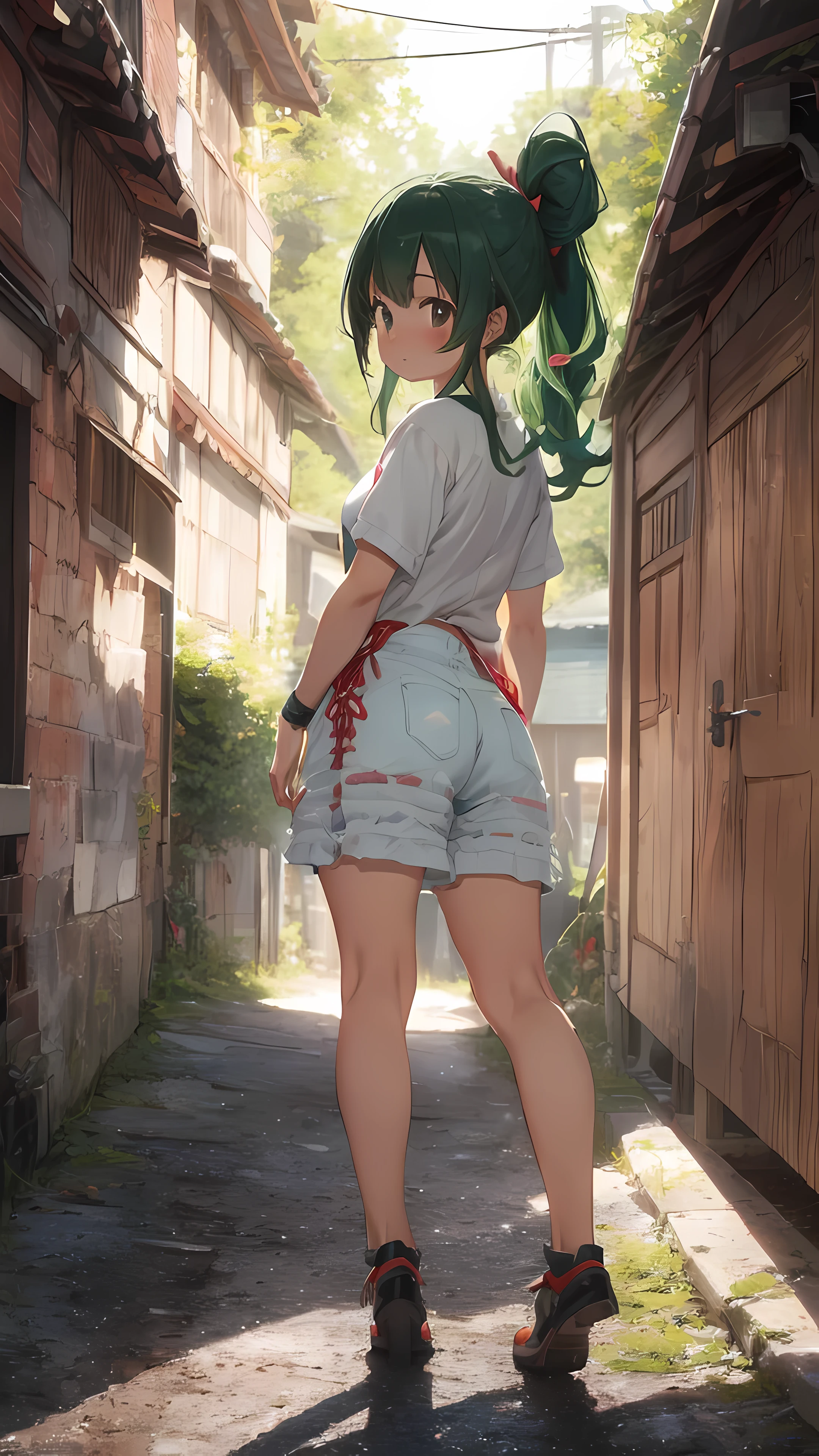 (((On the slope of the cityscape、(back view)、turn around、one girl、(Cute white skipper polo shirt、The crack of her butt showing through her denim shorts、Pretty buttocks、No panties)、(Hip line that stands out)、pretty girl、、shyness)))、smooth translucent white skin、 ((best quality, muste piece, High resolution:1.2), Super detailed, (Reality:1.37), vividness and color, ticker, studio lighting, Tits sharp focus,Physically based rendering、8K image wallpaper)、(very delicate and beautiful)、(masterpiece)、(highest quality:1.0)、(超High resolution:1.0)、(Precise human body structure)、(complete limbs)、(腕は2Book)、(脚は2Book)、(full finger)、(The fingers are5Book)、(slender beauty)、(Not muscular)、(((((Expressive Ace Perfect、girls dragon ball bloomers、 ribbon lay hair ponytail、green hair、Not Moriman)))、excitement、(blush:1.3)、peaceful scenery、serene landscape、beautiful scenery、stunning landscape、Perfect View