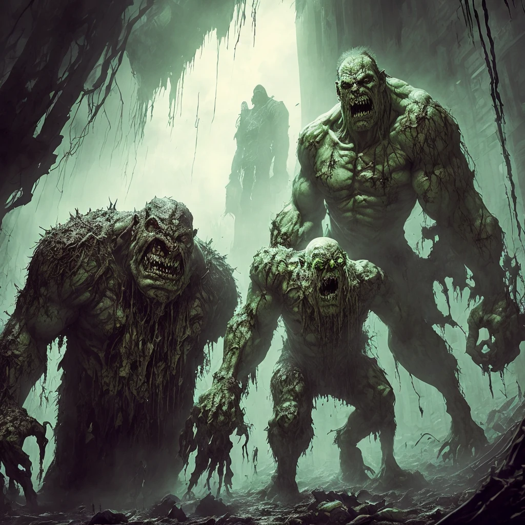 a monster,((pale white skin)),hunchback troll,zombie,zombie hulk,solo,tattered clothes, dead rotting skin on the face, muddy hair, detailed rotting peeling dead skin,water corpse, blind, huge arms,huge hands,huge claws,full body view,in the overgrown sewer,wide angle, moody lighting,