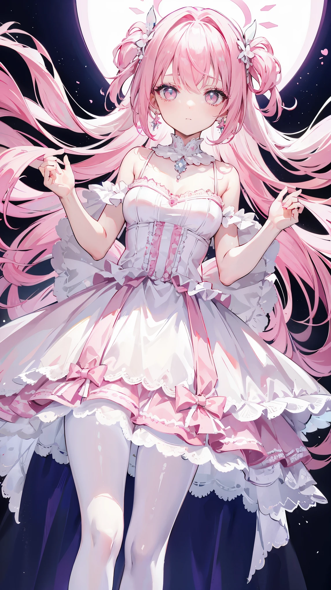 one with pink hair，pupil，White and looming，Dresses that resemble wedding dresses，This dress is decorated with many pink bows，Paired with a dazzling silver necklace，is a cute, sweet and cute ，Wearing white silk pantyhose