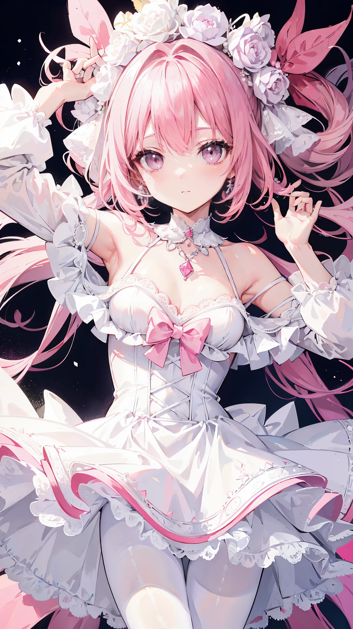 one with pink hair,pupil,White and looming,Dresses that resemble wedding dresses,This dress is decorated with many pink bows,Paired with a dazzling silver necklace,is a cute, sweet and cute ,Wearing white silk pantyhose