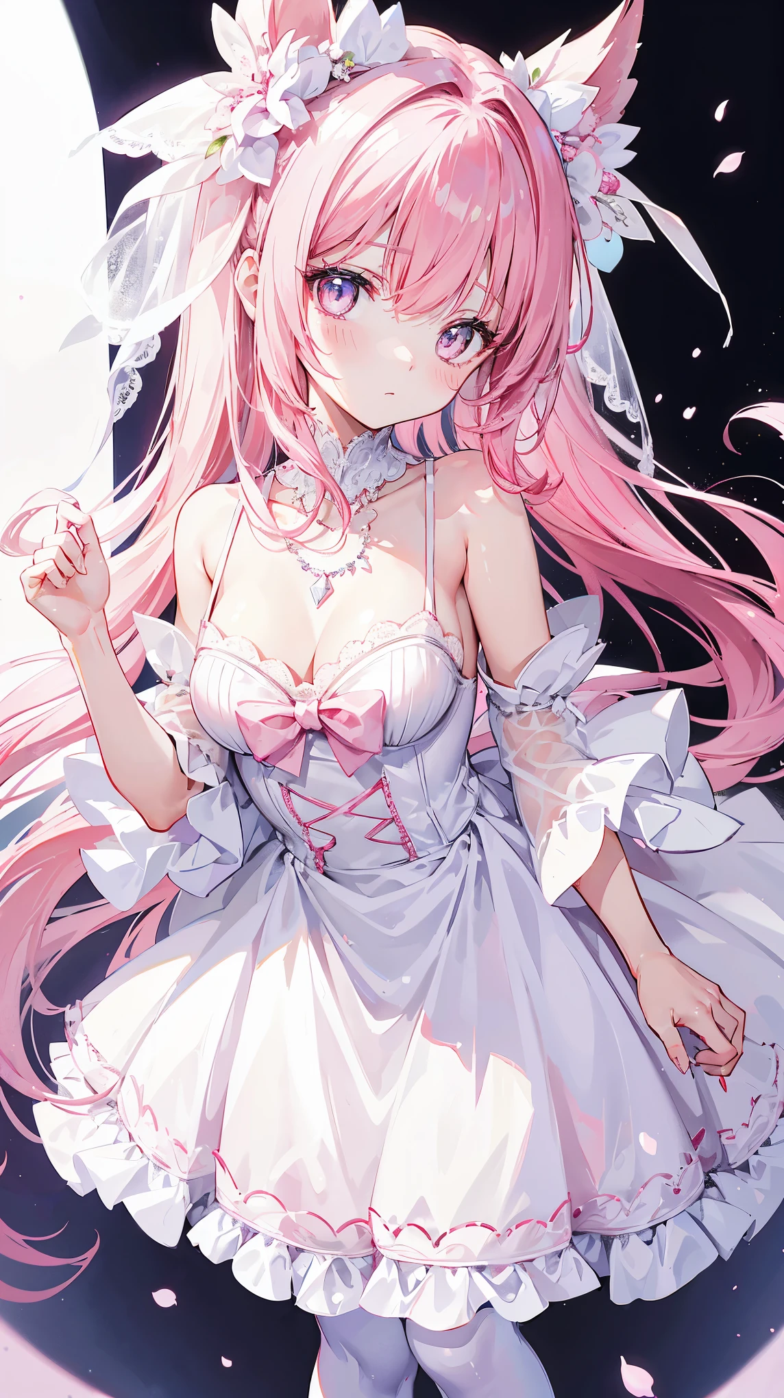 one with pink hair，pupil，White and looming，Dresses that resemble wedding dresses，This dress is decorated with many pink bows，Paired with a dazzling silver necklace，is a cute, sweet and cute ，Wearing white silk pantyhose