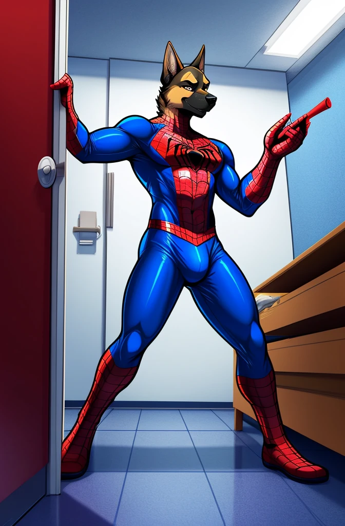 4k resolution a black and tan german shepherd wearing red and blue bodysuit spiderman spandex costume, detailed bulge, by krazykurt, at a janitor room