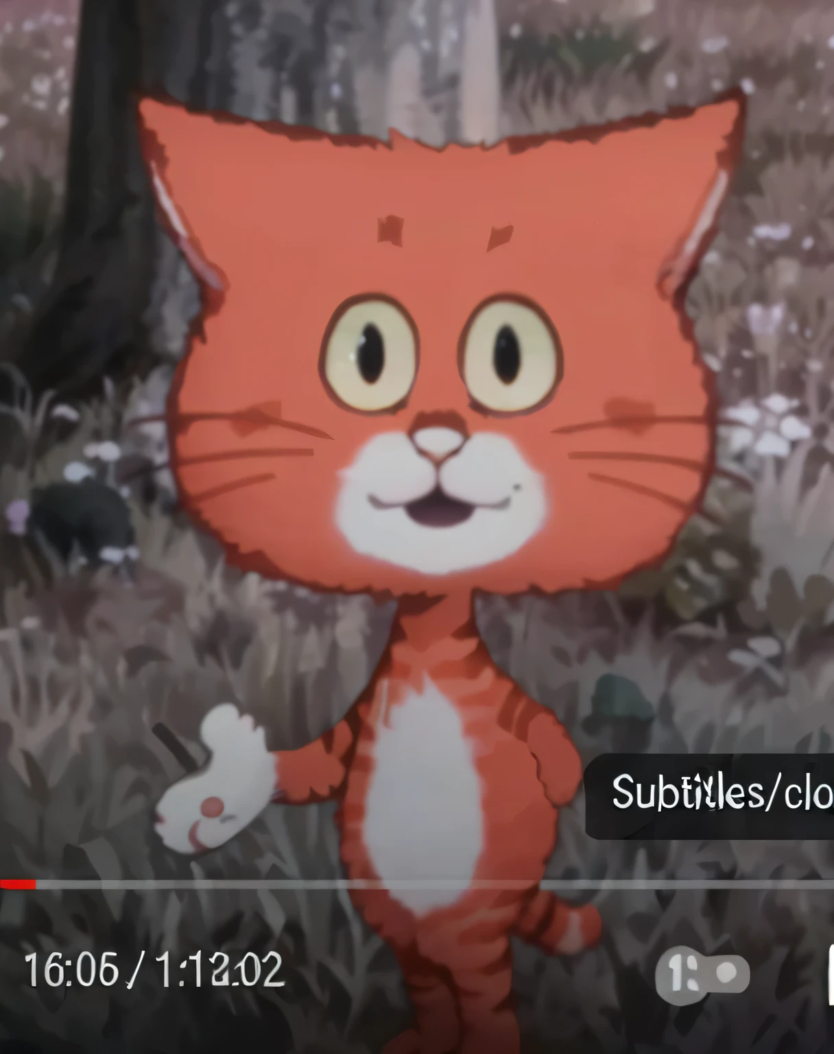 there is a cat that is standing in the grass, subtitles, with subtitles, children's cartoon, youtube video screenshot, youtube clickbait, the cat is orange, anime opening, netflix animation, screenshot from a movie, the cat is smiling, vlc screenshot, film still from an cartoon, japanese animation, with garfield the cartoon cat, gumball watterson