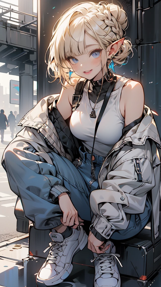 (1 Elf Girl), (beauty elf girl), (Super high quality), masterpiece, casual scene, Crouch next to the mini market, relaxed atmosphere, get a drink, She is dressed in a trendy techwear outfit, A stylish jacket and jeans, With comfortable sneakers, Sunlight that gives off warm tones, Street atmosphere, urban environment. perfect body, (E cup:1.2), overalls, light smile, Fresh, (asymmetrical bangs:1.3), braid bun hair, short hair, highly detailed face and eyes, perfect lips, (white blonde hair, deep blue eyes:1.2),cyber punk, Science fiction, (bare shoulders), digital art, beautiful, cinematic lighting, by Yusuke Murata.