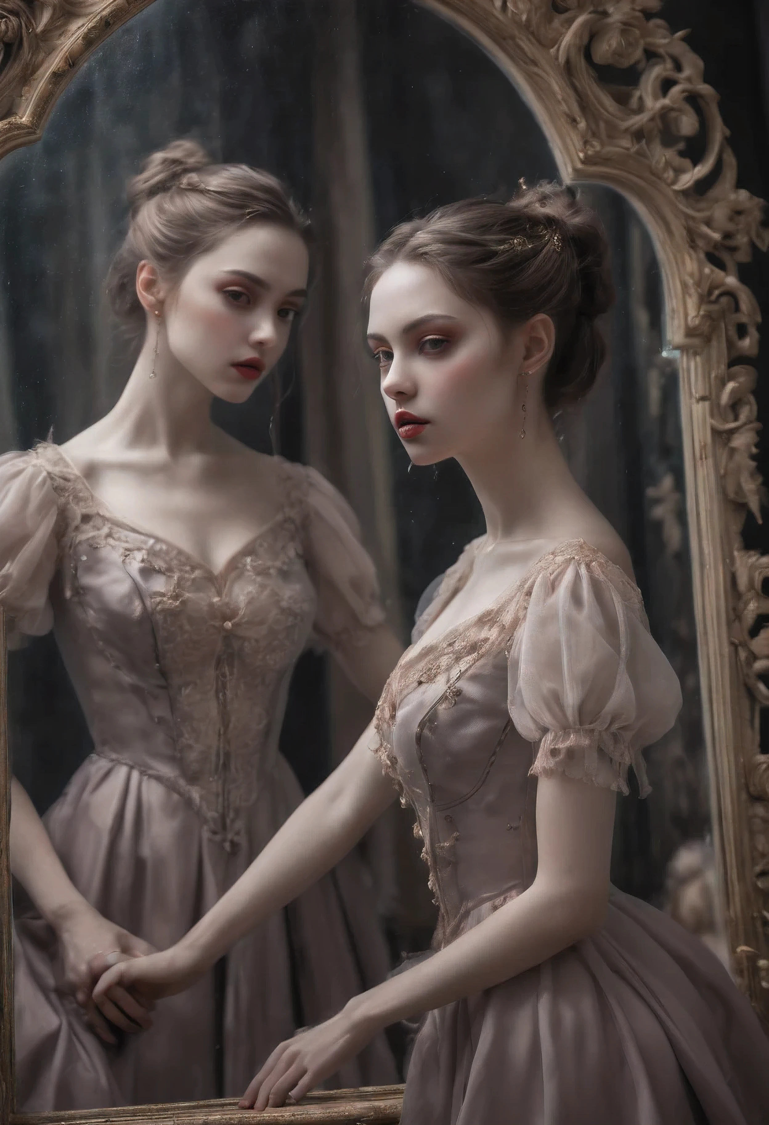 (Masterpiece in maximum 16K resolution:1.6), (intricate detail:1.4), (extremely insane detail:1.4),(highest quality:1.3),(Hyper_realistic:1.3). | ((Soft_color_tones):1.3),Clear light, Edge lighting, Perfect image, 16k UE5,editorial photograph, superfine, Product photography, Depth of field, Nikon D850, Ultra-realistic, no contrast, clean sharp focus, professional, No blurring. | A close up of pretty female vampire facing a mirror,((her reflection in the mirror act independently), vampire ornament everywhere, great environment, subtly dark,vampire art behance,surreal, It gives a mysterious aura. | {The camera is positioned very close to her, revealing her entire body as she adopts a dynamic_pose, boldly moving around the scene in an exciting way} | She is adopting a ((dynamic_pose as interacts, boldly moving a exciting way):1.3), ((perfect_pose)), ((perfect_pose):1.5), (((full body))), ((perfect_fingers, better_hands, perfect_hands, perfect_legs)), ((perfect_fingers, better_hands, perfect_hands, perfect_legs):0.7), (((More_Detail)))