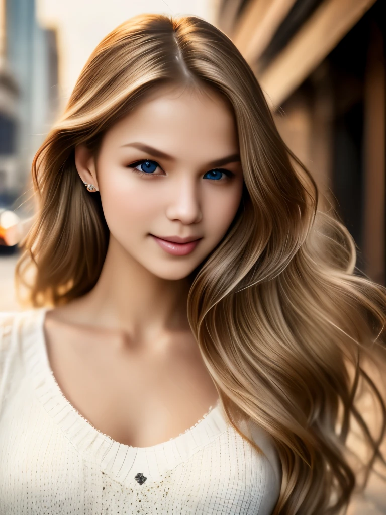 1girl, RAW photo, best quality, realistic, photo-realistic, masterpiece, an extremely delicate and beautiful, extremely detailed, Amazing, finely detail, ultra-detailed, highres, soft light, beautiful detailed blond girl, extremely detailed eyes and face, beautiful detailed nose, beautiful detailed eyes, cinematic lighting, in the city, perfect anatomy,slender body, gently smile, Friendly, warm, looking at viewer, wavy long brown hair, brown eyes, dynamic posing,   