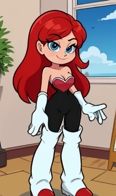 1 girl, , Red hair, Medium Red hair, Blue eyes, hands on sides, rouge cosplay, medium breasts, white gloves, bare shoulders, thigh boots, black rubber bodysuit, white footwear, cleavage, bare shoulders, Smile, standing up, upper body, room, indoor, window, daylight at the city, Sexy, masterpiece, High quality. High quality. 2D illustration, 2D style