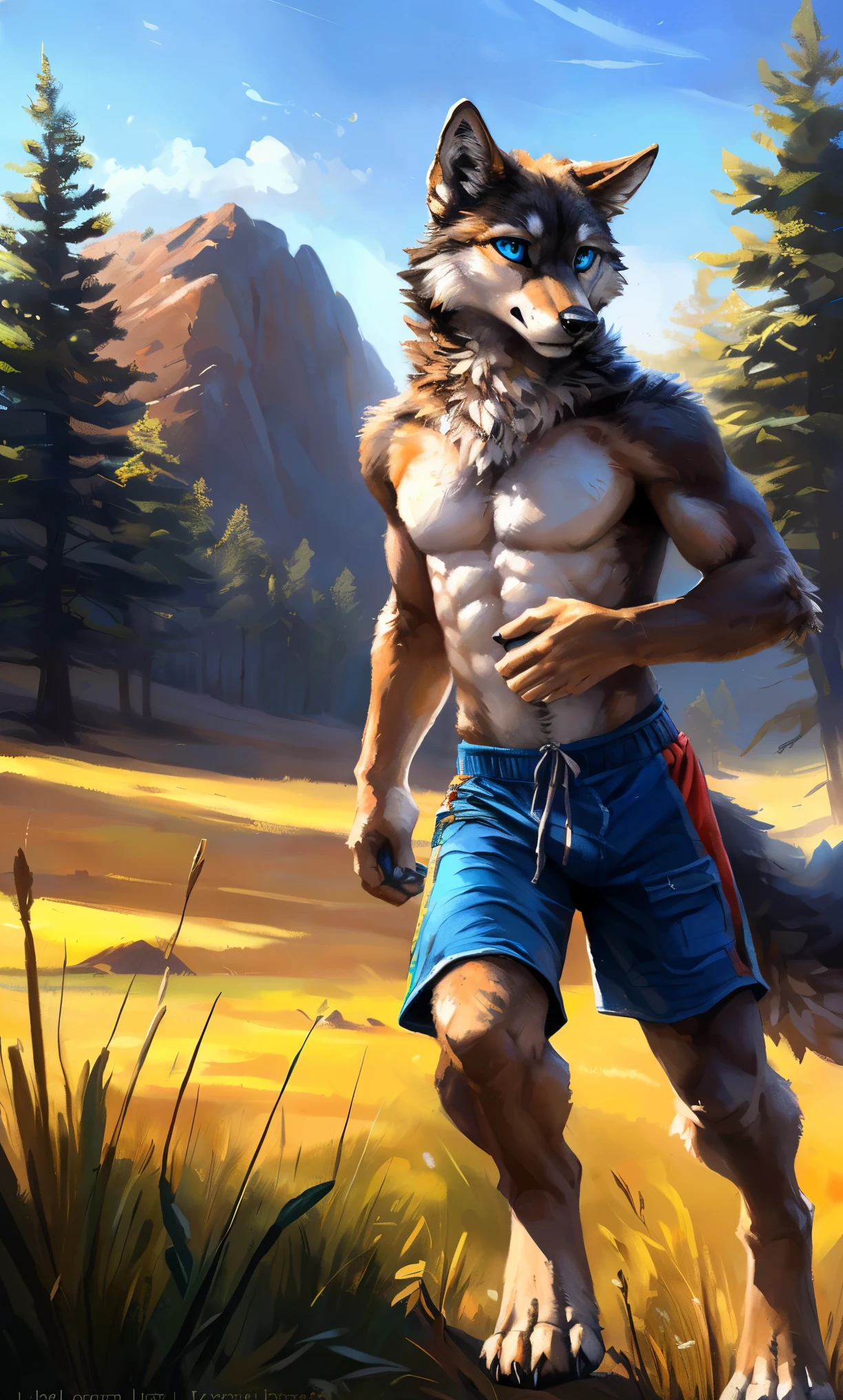 ((Solo)), male people, anthro wolf, (Multi-colored fur, White-brown:1.3，White tail pointed), (Height 2.1m,Tail length 1.2m), ((Wolf face, Big eyes, White eyelids, Blue pupil, Slim:1.2) (Tough, Calm expression:1.2)), Abs, Slim, pinging)), (Correct anatomy), (Work shorts:1.1), The upper body  naked, (detailed outfits),A long big tail，Feet，(Realistic fur, Detailed fur texture, labeled:1.3)), (Natural lighting), Photorealistic, Hyperrealistic, ultradetailed, by Kenket，Field，erect through，Running on