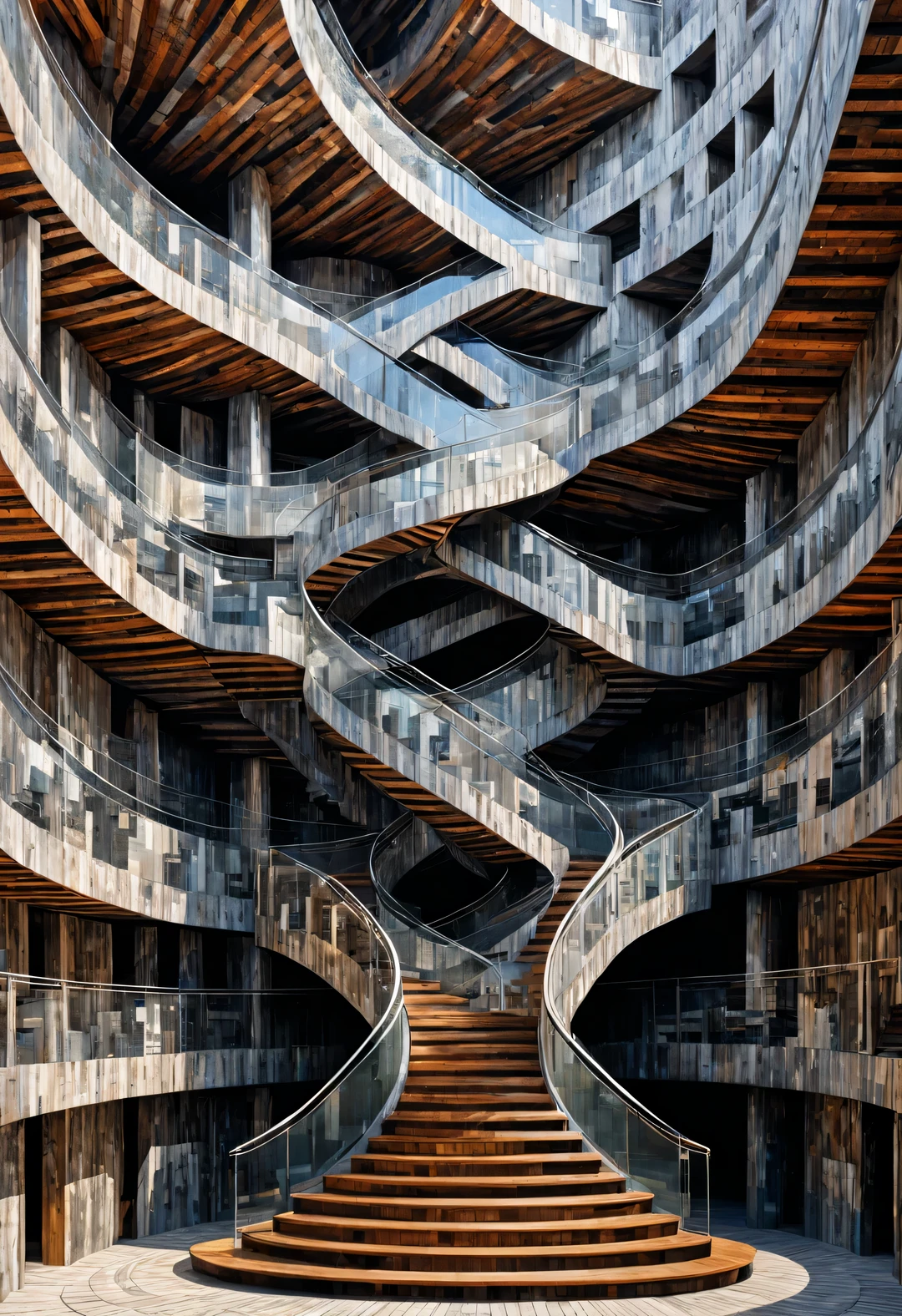 （Visual illusion），Visual man walking up wooden stairs inside kaleidoscope，face of a huge man，repetitive or spiral movement or change，or perspective-distorted images that distort perception of depth and space，These images appear to be moving，straight lines are curved，Inception，rich double exposure，John Pawson，Frank Gehry，Kengo・Kyotoku，Bjarke Ingels，author：Peter Zumthor，Very detailed，best quality，high resolution，masterpiece，Surrealismism， Palette knife painting 3D rendering,cartoonish style,Pixar style,reticle,Viscosity printing,colorfield painting,matte painting,mural,Street art,Super real,Surrealism,impossible,cartoon,mysterious atmosphere,playful atmosphere,Unreal Engine,Rendered in Octane,architectural visualization/Architectural renderings,corona rendered,V-rays,high detail,super quality,high resolution,Surrealism,16k,labyrinths of,library,architecture,bottom view,Split Lighting,