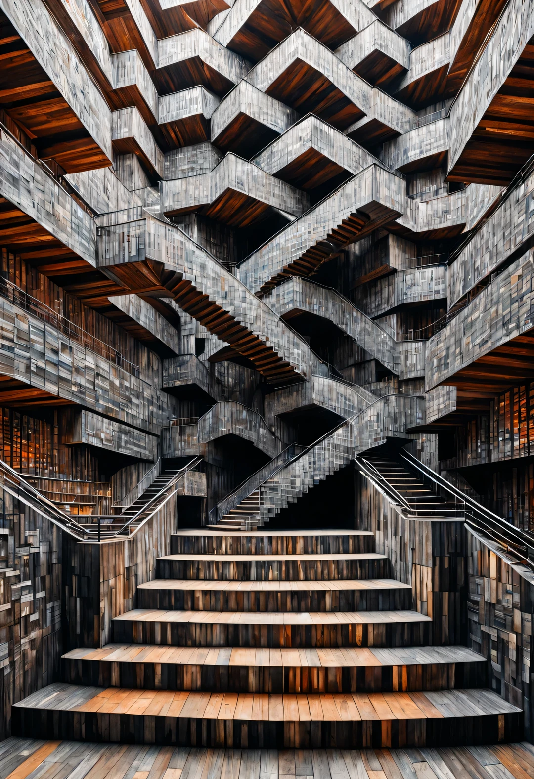 (Visual illusion),Visual man walking up wooden stairs inside kaleidoscope,face of a huge man,repetitive or spiral movement or change,or perspective-distorted images that distort perception of depth and space,These images appear to be moving,straight lines are curved,Inception,rich double exposure,John Pawson,Frank Gehry,Kengo・Kyotoku,Bjarke Ingels,author:Peter Zumthor,Very detailed,best quality,high resolution,masterpiece,Surrealismism, Palette knife painting 3D rendering,cartoonish style,Pixar style,reticle,Viscosity printing,colorfield painting,matte painting,mural,Street art,Super real,Surrealism,impossible,cartoon,mysterious atmosphere,playful atmosphere,Unreal Engine,Rendered in Octane,architectural visualization/Architectural renderings,corona rendered,V-rays,high detail,super quality,high resolution,Surrealism,16k,labyrinths of,library,architecture,bottom view,Split Lighting,