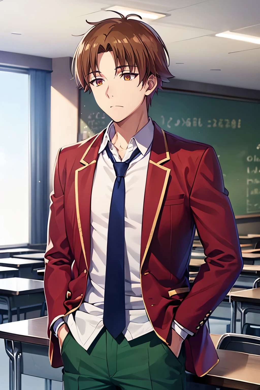 1boy, kiyotaka ayanokoji, brown eyes, white shirt, red blazer, blue necktie, green pants, hand in pocket, photography, hdr, classroom, chalkboard, 