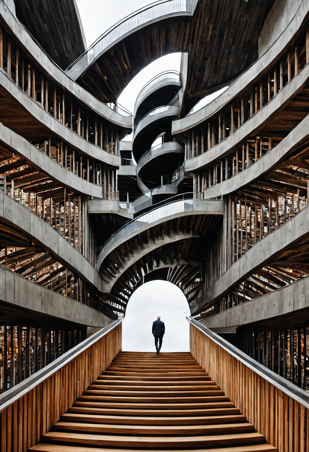 (Visual illusion), A visual man walks up a wooden staircase in a kaleidoscope, a huge man&#39;s face, repetitive or spiral movement or change, or perspective-distorted images that distort depth and spatial perception, These images appear to be moving, straight lines are curved, starting space, rich double exposure, John Pawson, Frank Gehry, Kengo・Kyotoku, Bjarke Ingels, Peter Zumthor, Very detailed, best quality, high resolution, masterpiece, Surrealism,