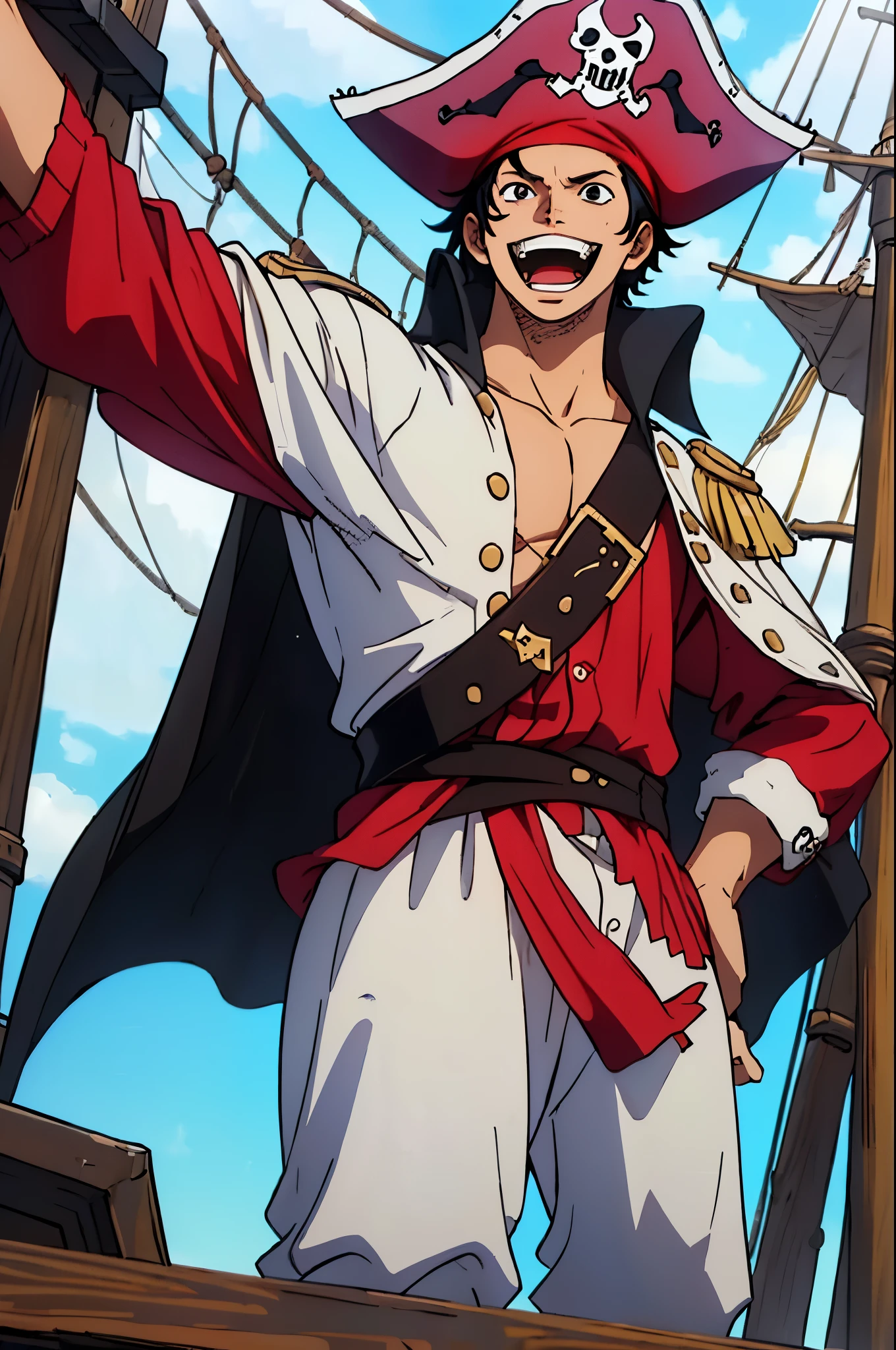 (masterpiece:1.3), (Best quality:1.3), 8K, solo, boy, black hair, short hair, white pirate hat, white pirate cape, Sword in his right hand, standing on the deck of a ship, open mouth, teeth, young, 16 years, Happy facial expression
