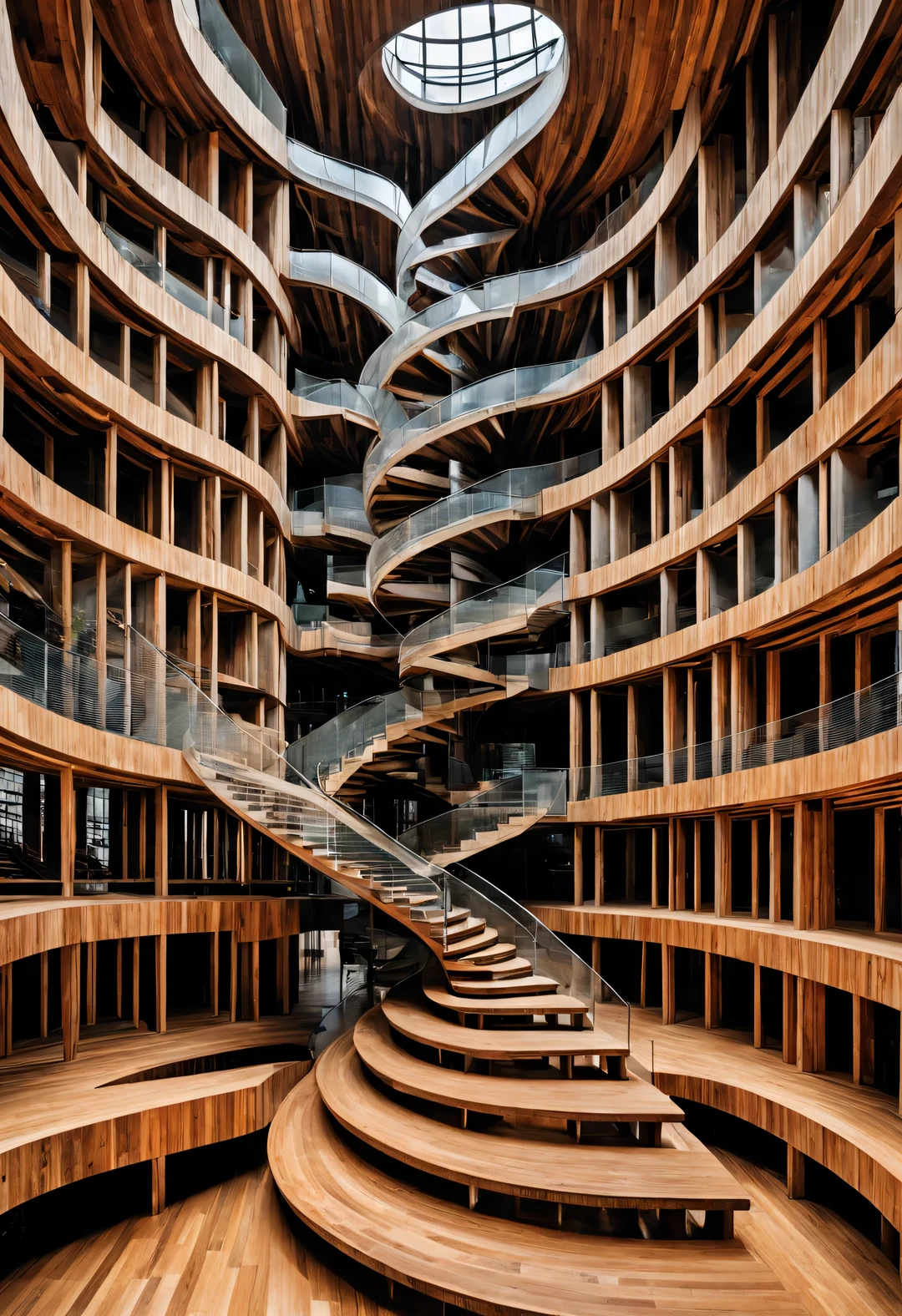 (Visual illusion), A visual man walks up a wooden staircase in a kaleidoscope, a huge man's face, repetitive or spiral movement or change, or perspective-distorted images that distort depth and spatial perception, These images appear to be moving, straight lines are curved, starting space, rich double exposure, John Pawson, Frank Gehry, Kengo・Kyotoku, Bjarke Ingels, Peter Zumthor, Very detailed, best quality, high resolution, masterpiece, Surrealism,