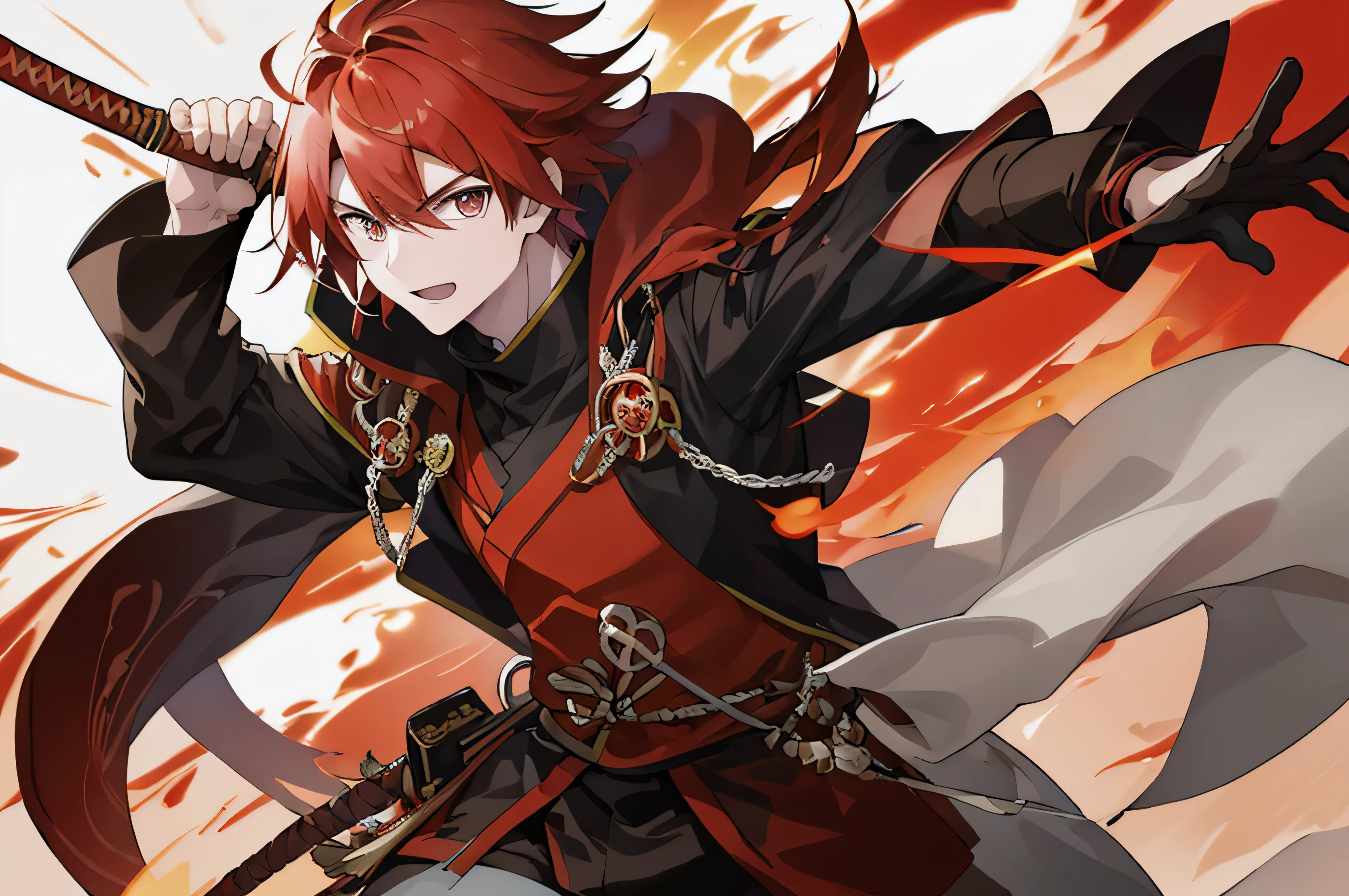 Anime character with red hair and sword on red background, 《Genshin》Ke Qingyu, Nobutaka Ike, 《Genshin》Zhongli in, heise jinyao, 绫香Genshin冲击, Genshin冲击角色, portrait of a red sorcerer, official character art, 绫香游戏Genshin冲击, Fire Mage, official art
