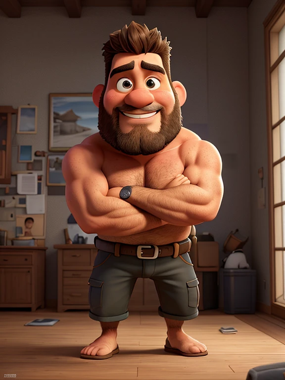 Create Pixar style photo, an award-winning original photo，A wild muscular man, (40 years old daddy:1.1), 1boy, Solo, (big shoulders, musculature, stubbles, Short beard, Beautiful eyes:1.3, ), (chengjianbin:1), (weizhenrong:1), (Detailed face:1.3), Dynamic Angle, dramatic pose, voluminetric lighting, (Best quality, A high resolution, Photorealistic), Cinematic lighting, Masterpiece, RAW photo, Intricate details, hdr, full body, sweaty, detailed speedo, big underwear bulge, on knees, hairy armpits, musky armpits